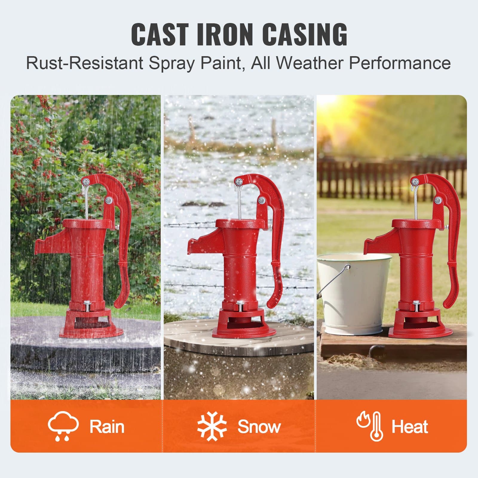 VEVOR Cast Iron Antique Hand Water Pump, Manual Pitcher Pump with 7.6m Lift, Ergonomic Handle, Easy Install, Outdoor Use, Red — изображение 4