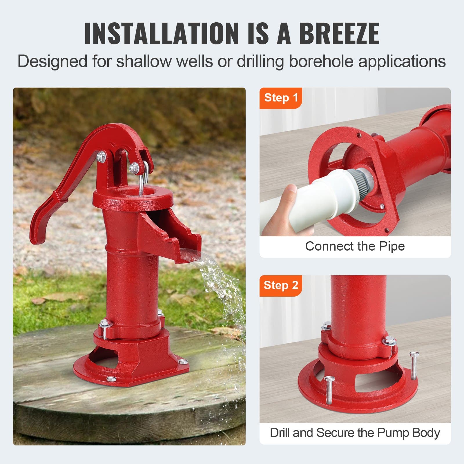 VEVOR Cast Iron Antique Hand Water Pump, Manual Pitcher Pump with 7.6m Lift, Ergonomic Handle, Easy Install, Outdoor Use, Red — изображение 6
