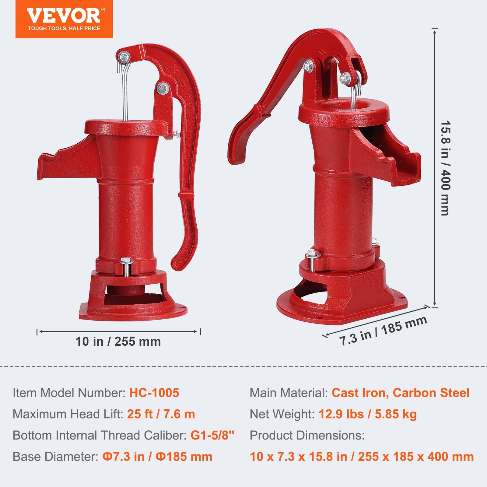 VEVOR Cast Iron Antique Hand Water Pump, Manual Pitcher Pump with 7.6m Lift, Ergonomic Handle, Easy Install, Outdoor Use, Red — изображение 7