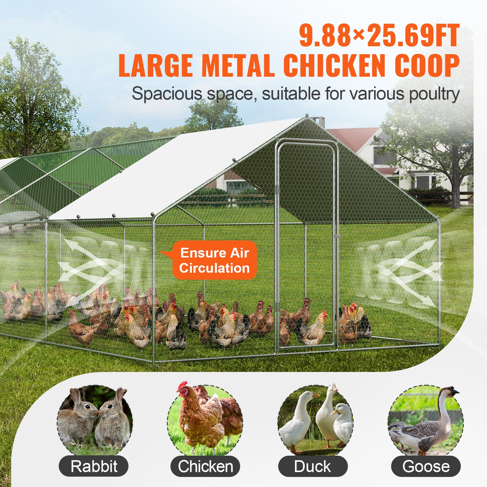 VEVOR 3x7.83x1.99m Large Metal Chicken Coop with Cover – Outdoor Walk-in Poultry Run with Roof & Lock for Chickens, Ducks, Rabbits - Image 4