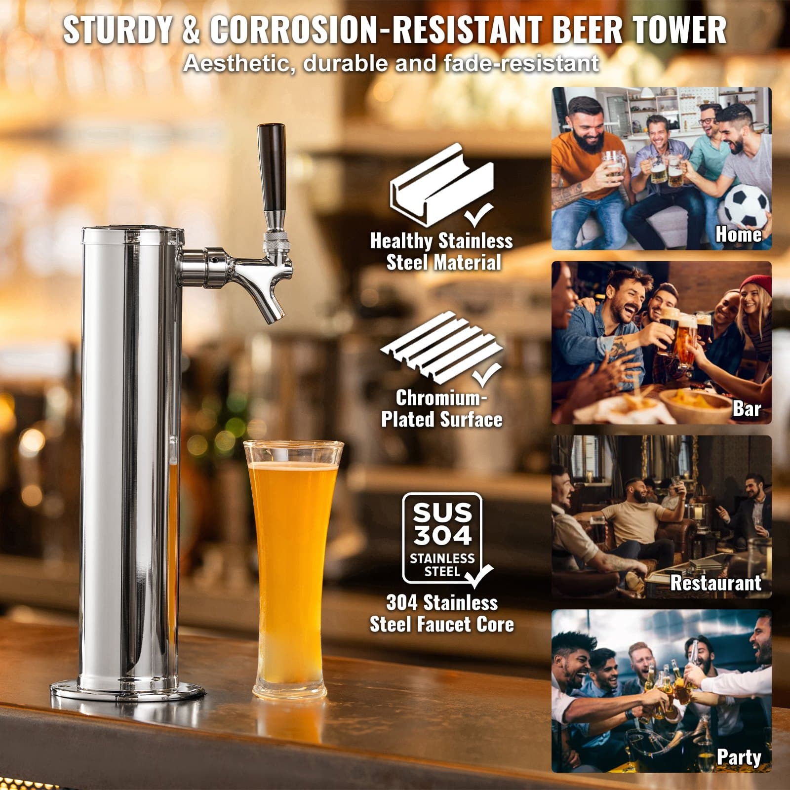 VEVOR Single Tap Kegerator Tower Kit, Stainless Steel Beer Dispenser with W21.8 Dual Gauge Regulator & S-System Coupler — изображение 5