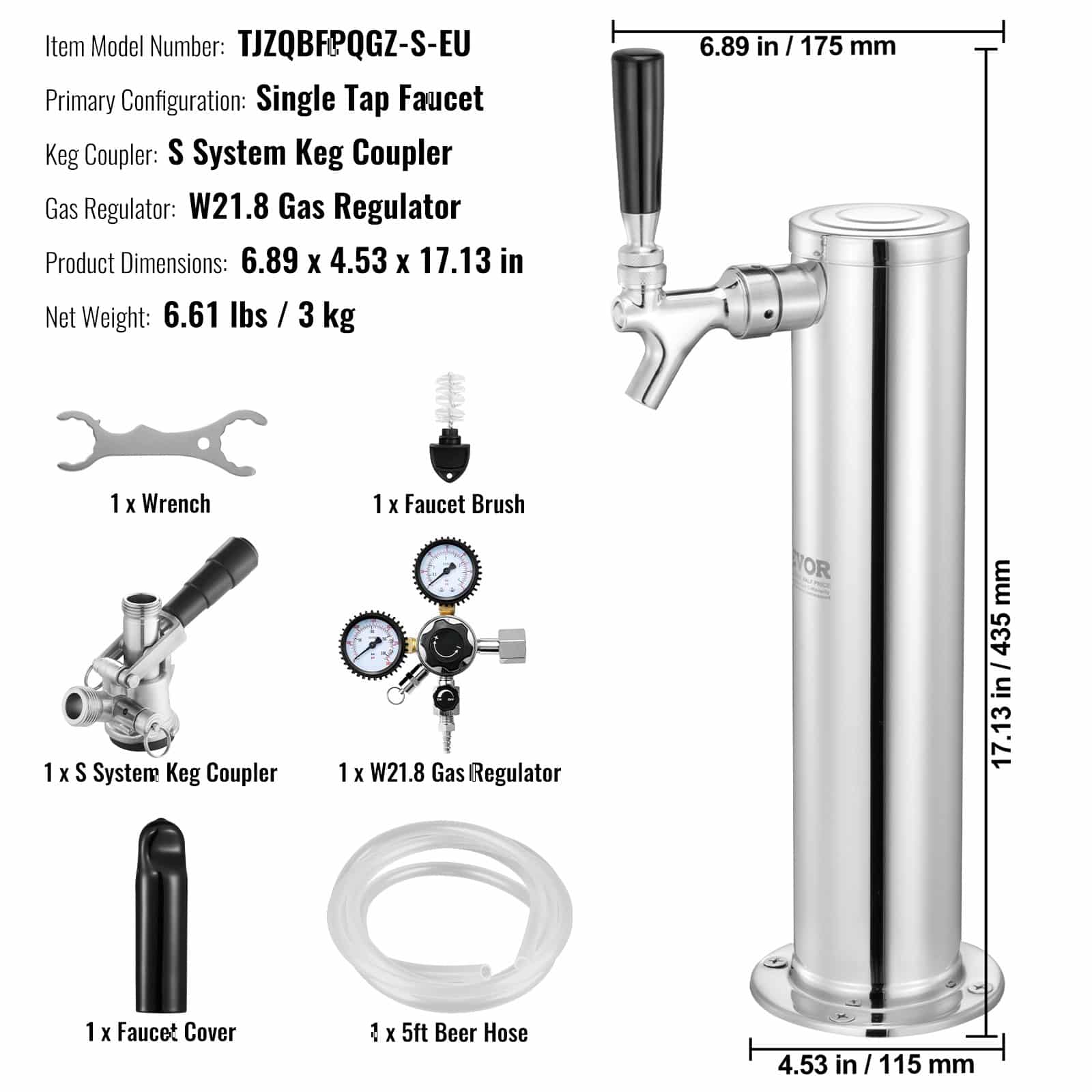 VEVOR Single Tap Kegerator Tower Kit, Stainless Steel Beer Dispenser with W21.8 Dual Gauge Regulator & S-System Coupler — изображение 7