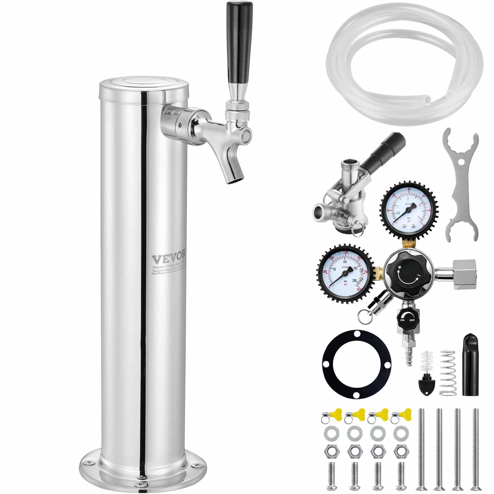 VEVOR Single Tap Kegerator Tower Kit, Stainless Steel Beer Dispenser with W21.8 Dual Gauge Regulator & S-System Coupler