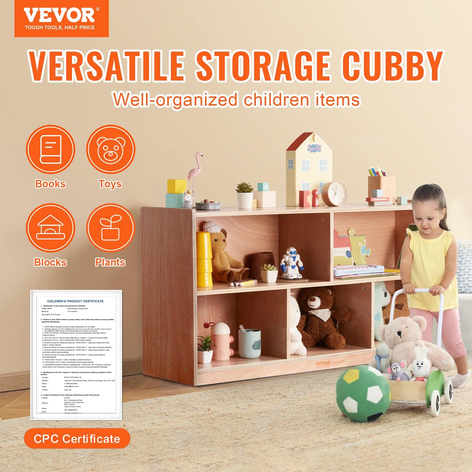 VEVOR 5-Compartment Mobile Cubby Storage Cabinet for Kids, Wooden Shelves for Classroom, Preschool & Home, Natural Finish - Зображення 2