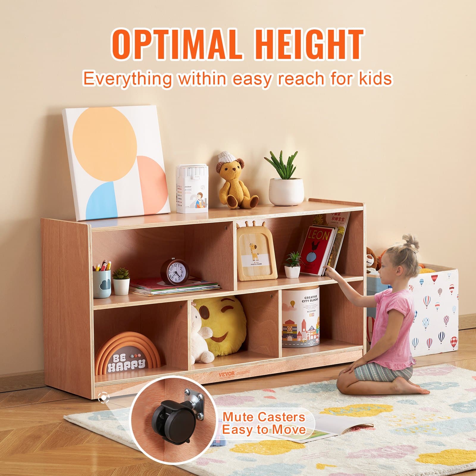 VEVOR 5-Compartment Mobile Cubby Storage Cabinet for Kids, Wooden Shelves for Classroom, Preschool & Home, Natural Finish - Зображення 3