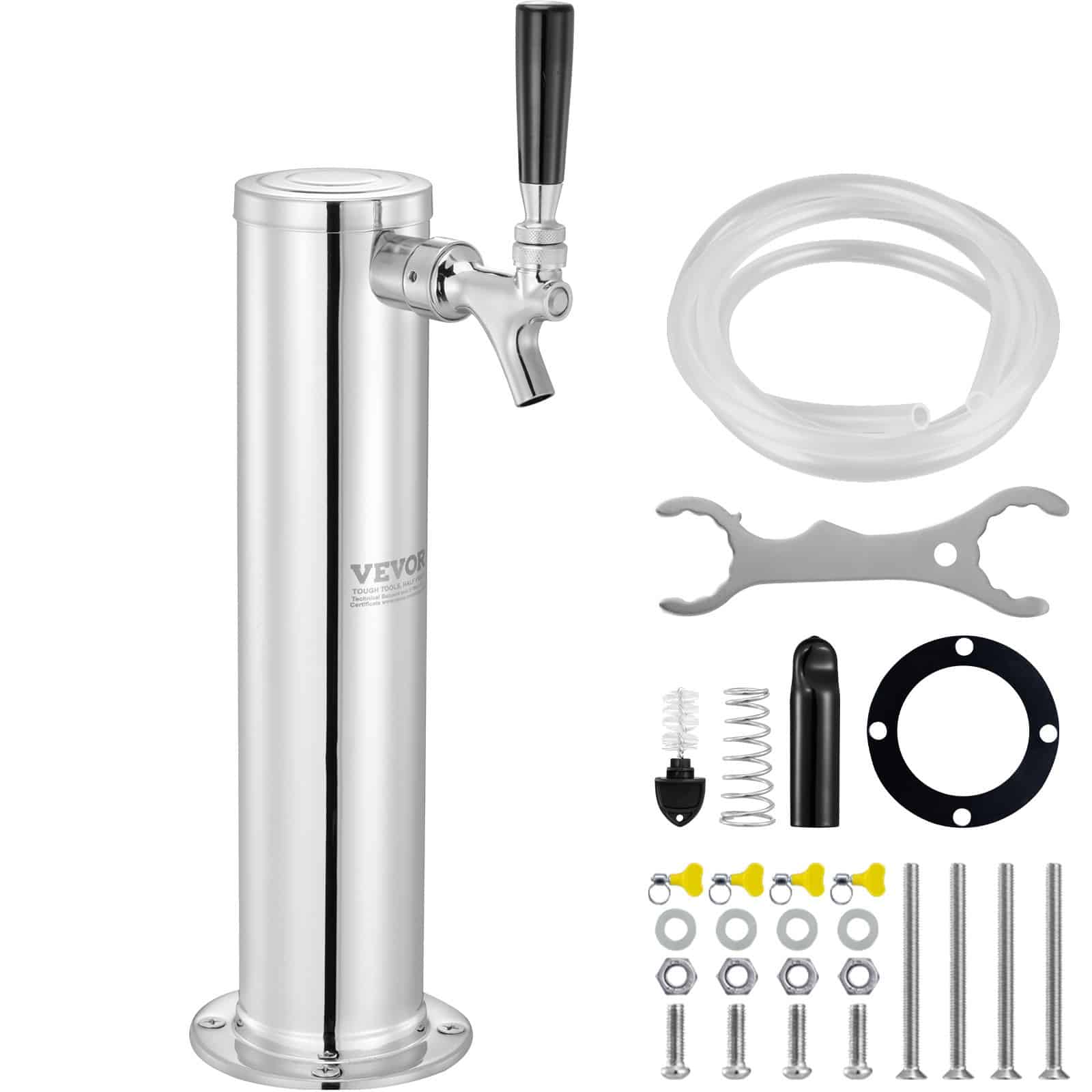 VEVOR Stainless Steel Single Tap Draft Beer Tower with Self-Closing Faucet, 8mm Insulation & 1.5m Hose for Kegerator & Bar