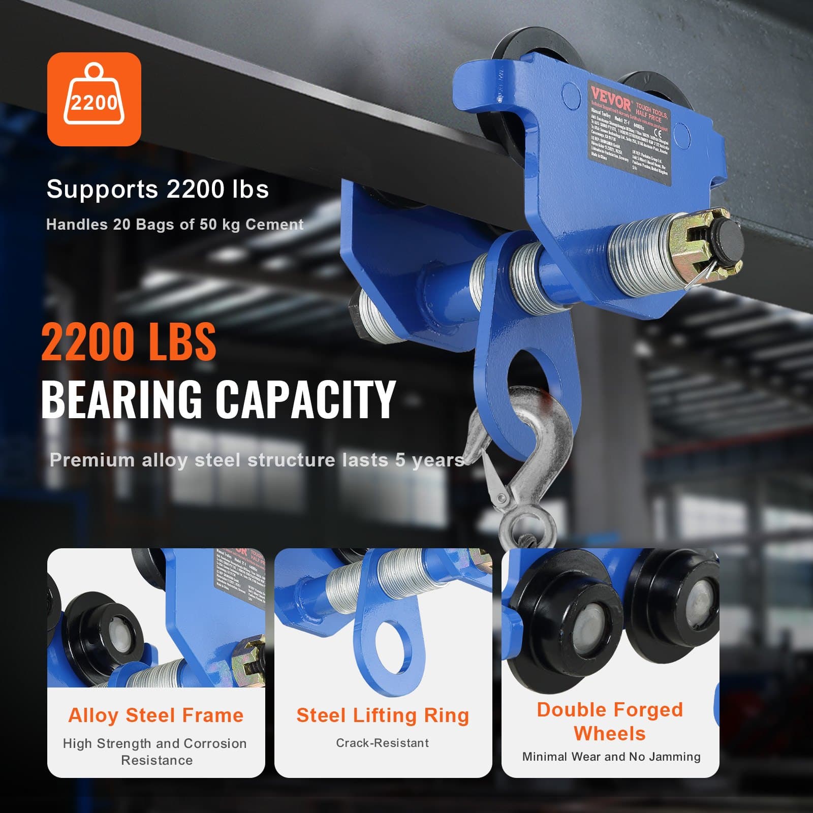 VEVOR Manual Push Beam Trolley 1 Ton (1000 kg) Load, Adjustable 63.5 ...