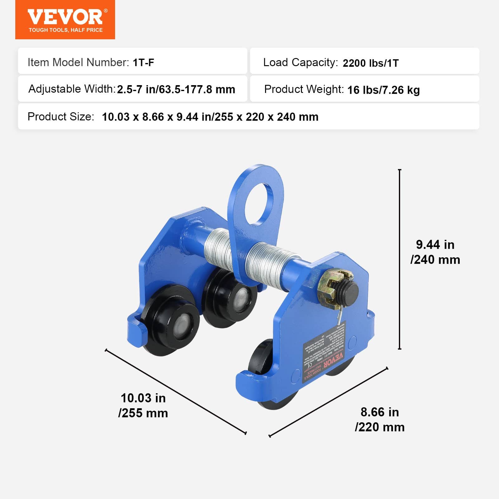 VEVOR Manual Push Beam Trolley 1 Ton (1000 kg) Load, Adjustable 63.5 ...