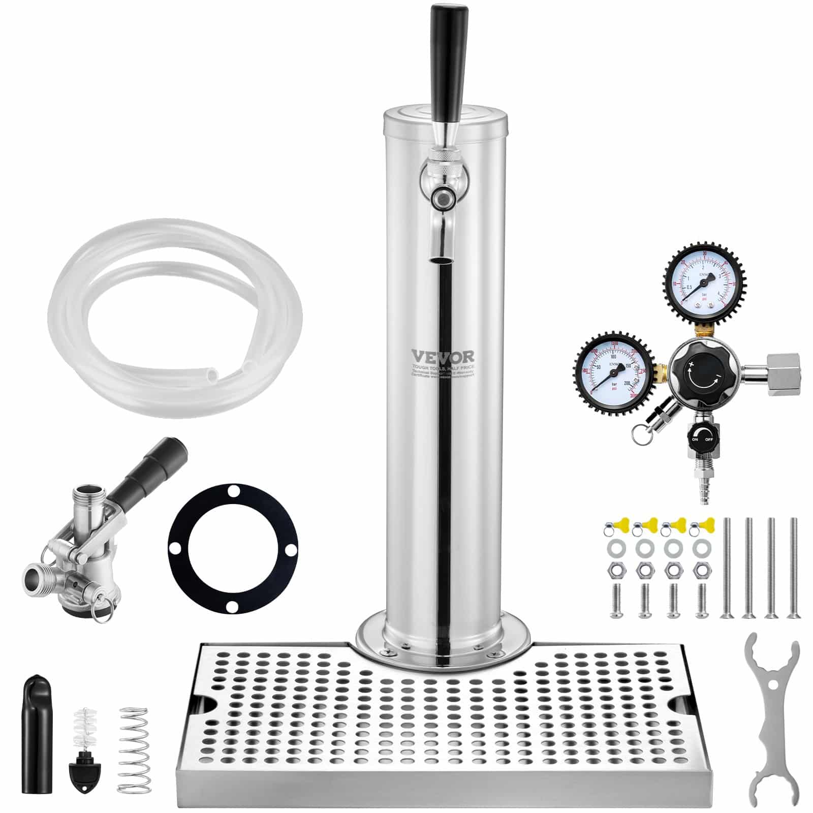 VEVOR Stainless Steel Single Tap Kegerator Tower Kit with Dual Gauge Regulator, S-System Coupler & Drip Tray – Ideal for Home & Parties