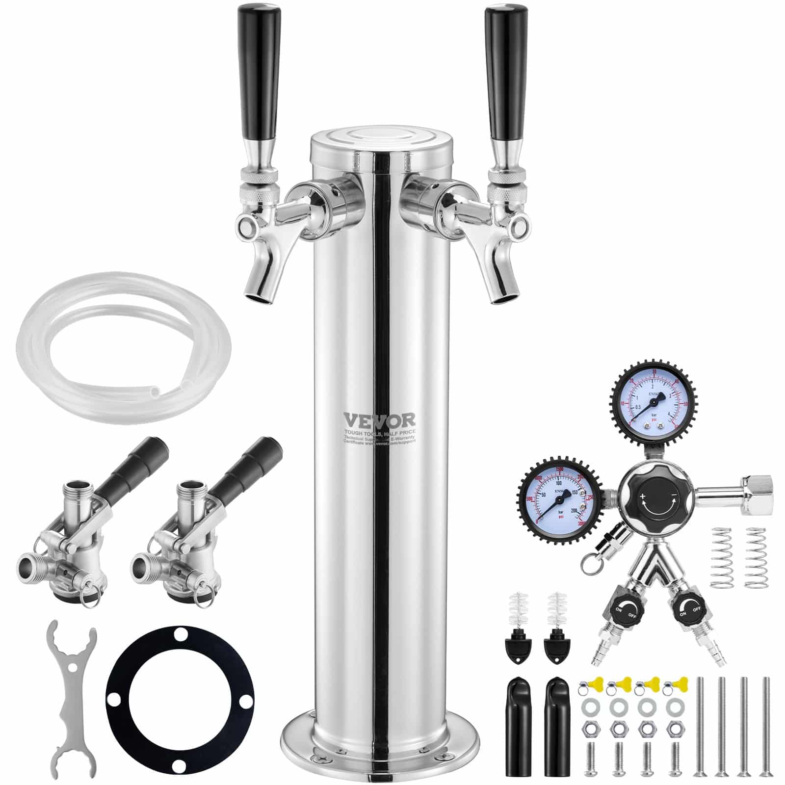 VEVOR Dual Tap Beer Tower Kit, Stainless Steel Kegerator Conversion Set with W21.8 Regulator & S-System Coupler, 2x1.5m Tubes