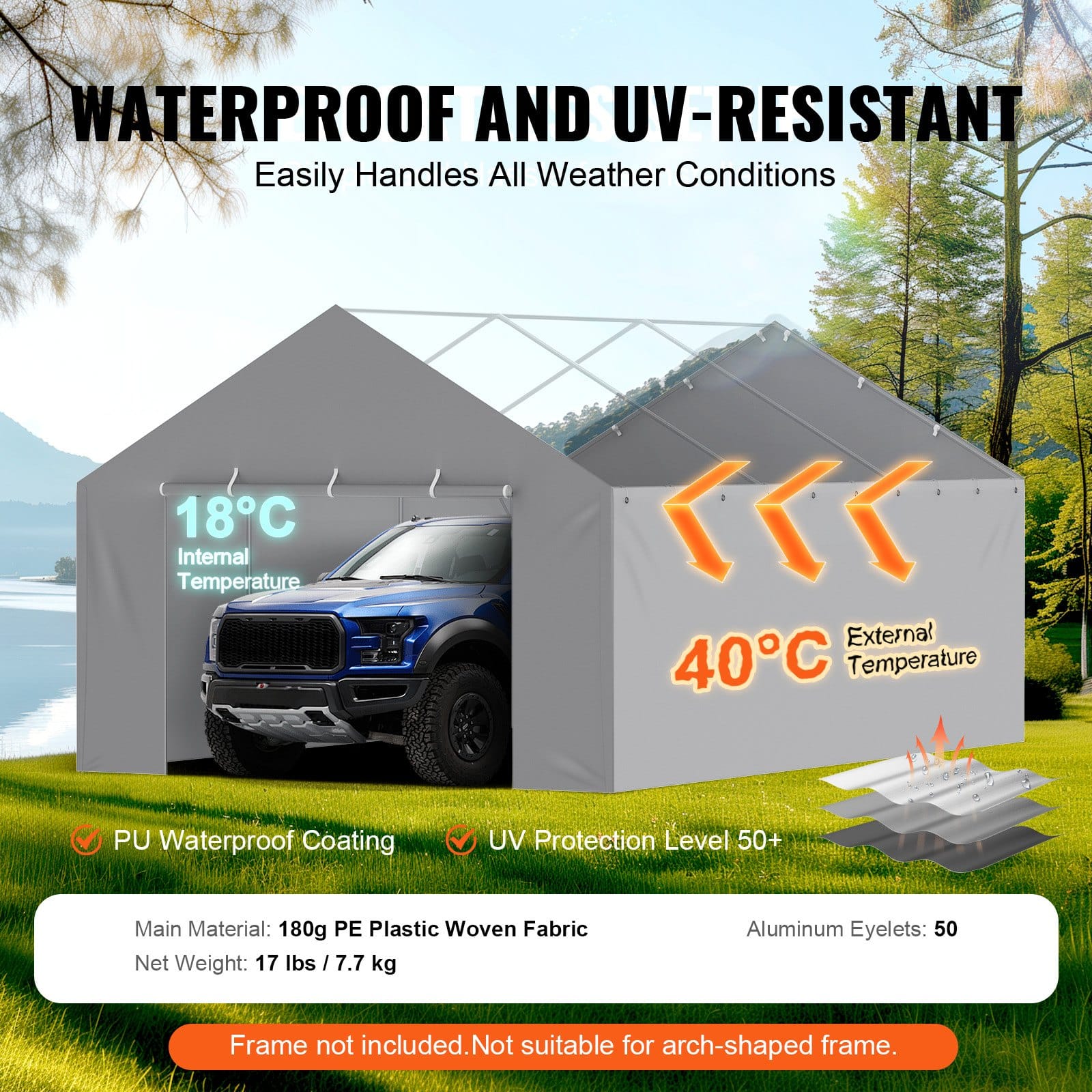 VEVOR 4-Panel Side Wall Canopy Replacement 4x6m, Waterproof UV-Resistant PE Tarp for 13x20ft Carport Frame, Grey, Frame Not Included - Image 3