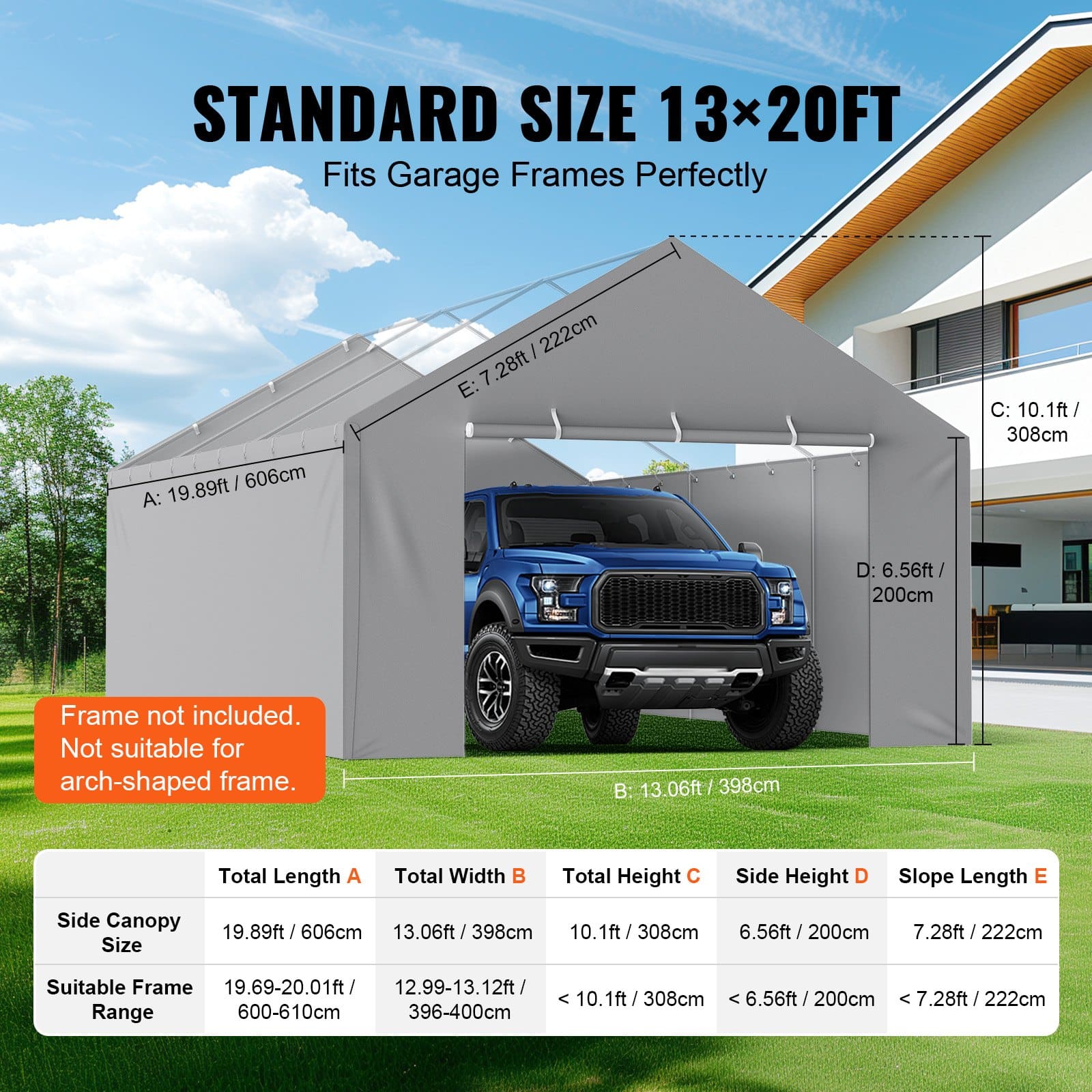 VEVOR 4-Panel Side Wall Canopy Replacement 4x6m, Waterproof UV-Resistant PE Tarp for 13x20ft Carport Frame, Grey, Frame Not Included - Image 4