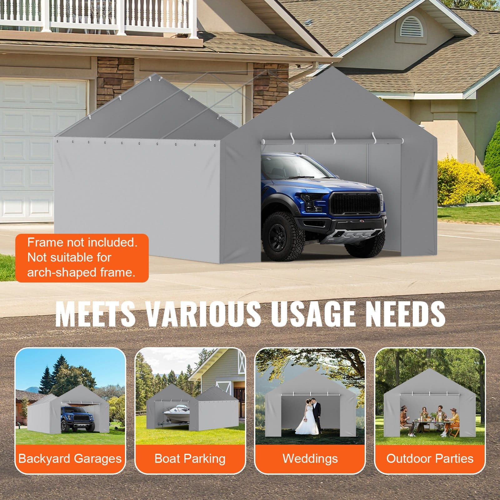 VEVOR 4-Panel Side Wall Canopy Replacement 4x6m, Waterproof UV-Resistant PE Tarp for 13x20ft Carport Frame, Grey, Frame Not Included - Image 7