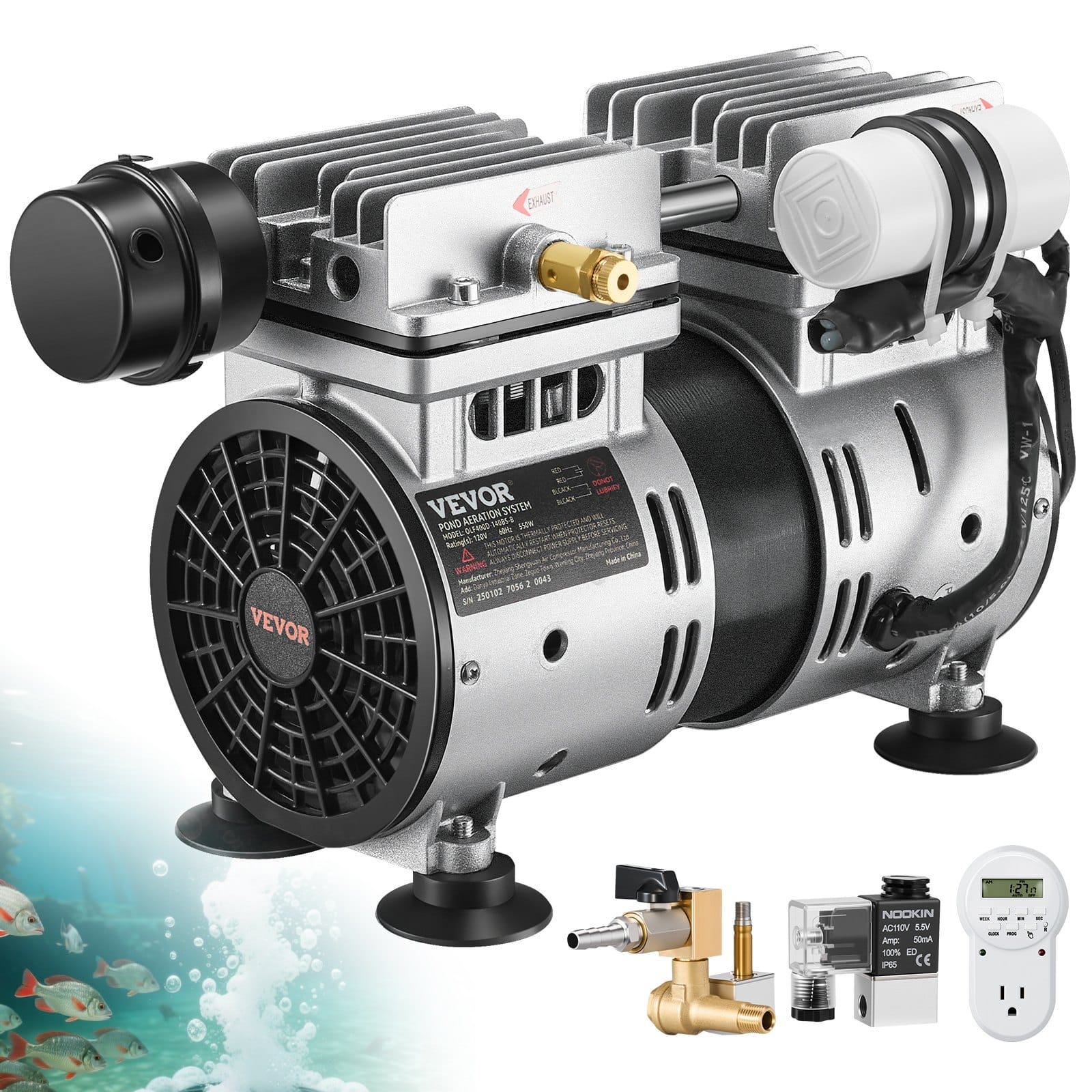 VEVOR 550W Pond Aerator Kit with 3/4 HP Compressor, Timer & Valves, 8.8 m³/h for Ponds/Lakes up to 1.2 ha & 15.2 m Deep