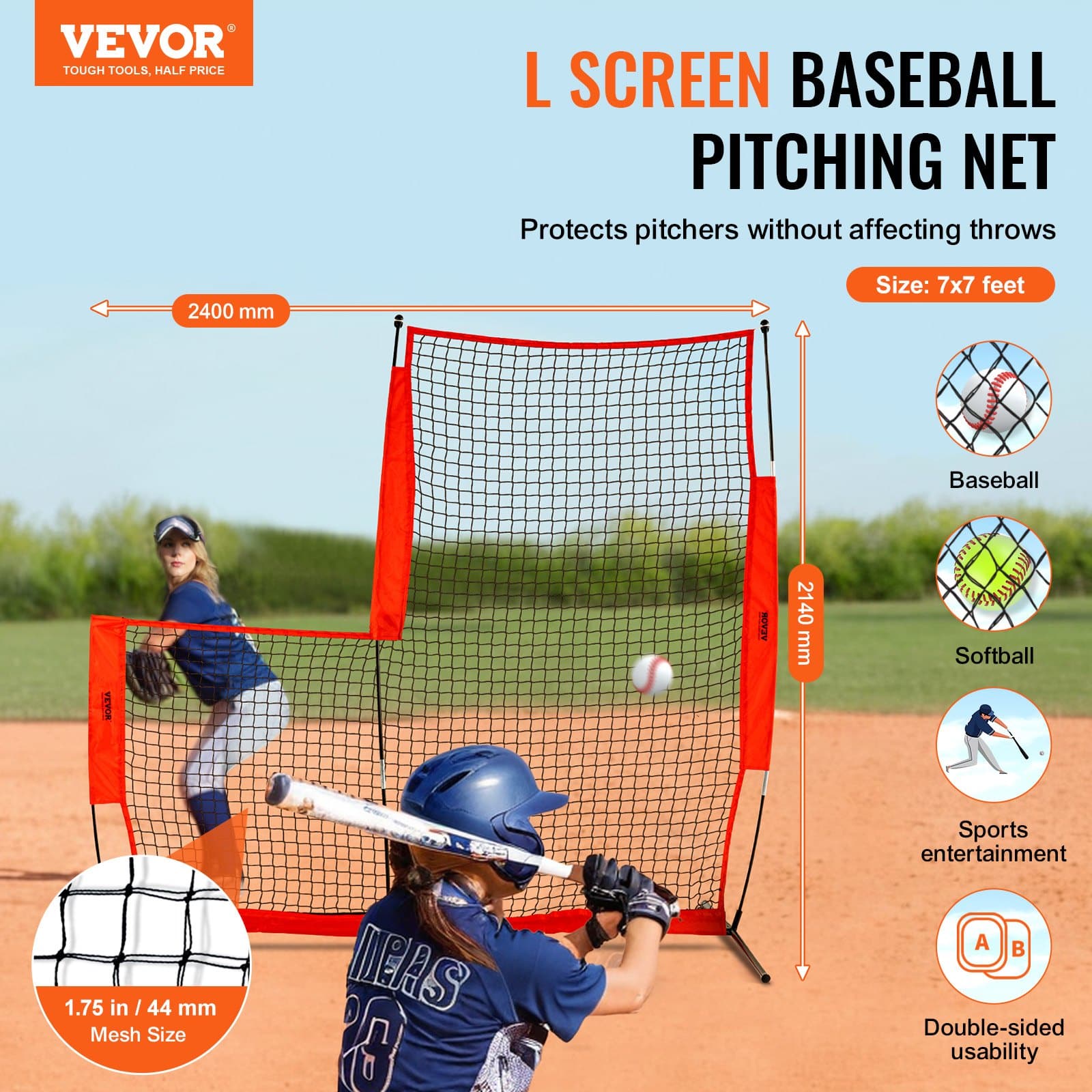 VEVOR 213x213 cm L-Screen Baseball & Softball Pitching Net with Carry Bag, Double-Sided Safety Screen for Pitcher Protection — attēls 2