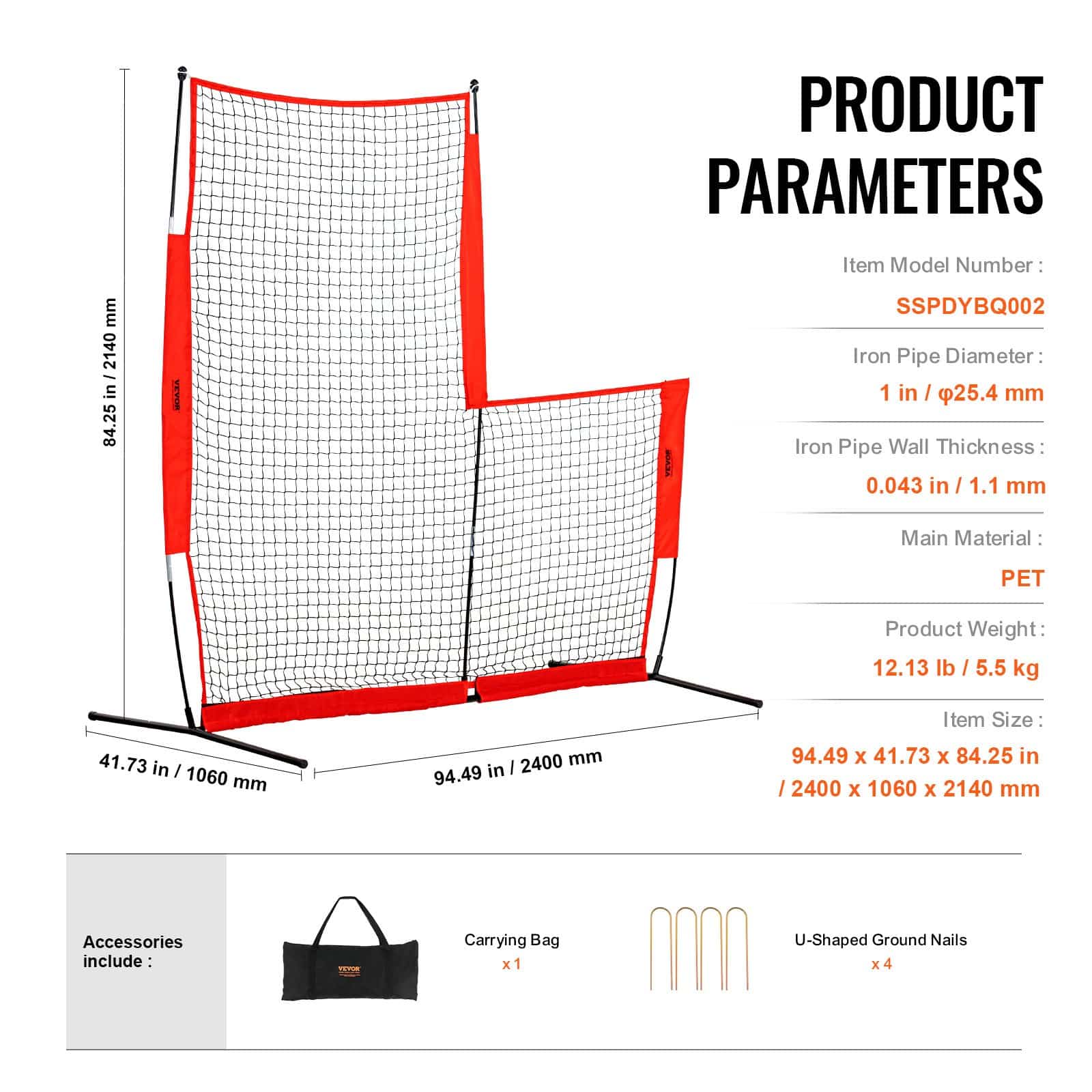 VEVOR 213x213 cm L-Screen Baseball & Softball Pitching Net with Carry Bag, Double-Sided Safety Screen for Pitcher Protection — attēls 7