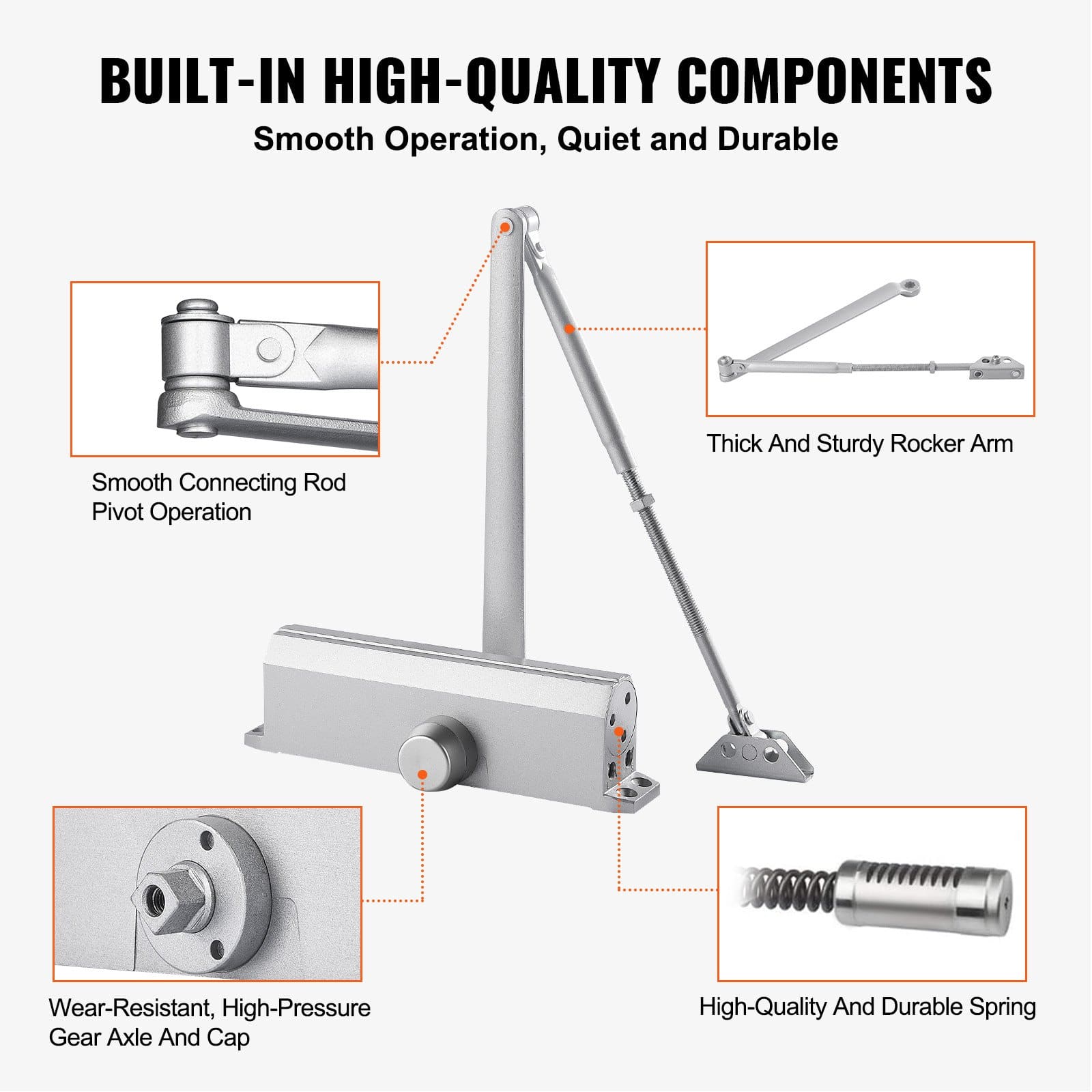 VEVOR Heavy Duty Hydraulic Door Closer, Adjustable Speed, 150kg Capacity, Cast Aluminum, for Commercial & Home Use, Silver — attēls 6