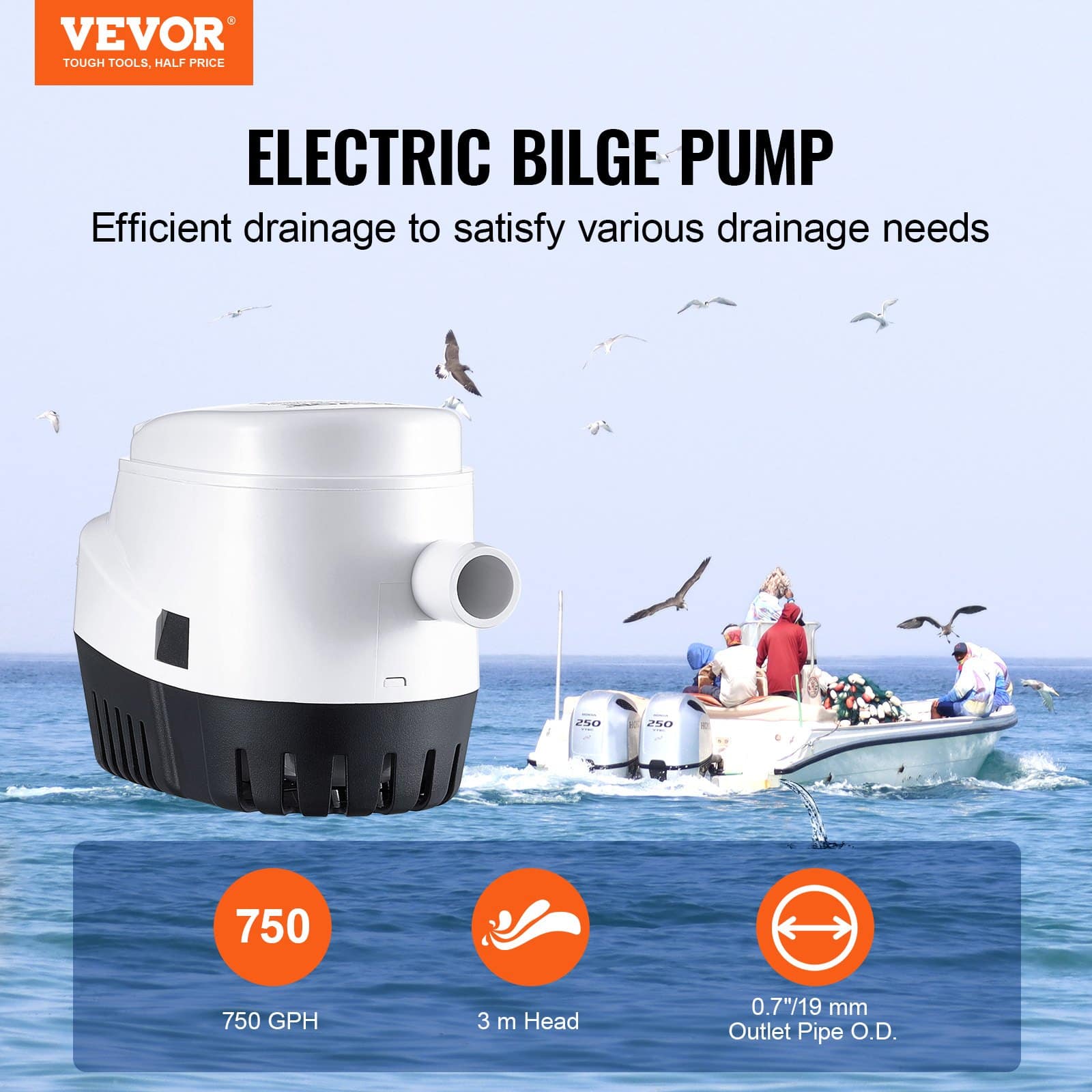 VEVOR 750 GPH 12V Automatic Submersible Bilge Pump with Float Switch, 19 mm Outlet, for Boats, Pools, Basements - Image 2