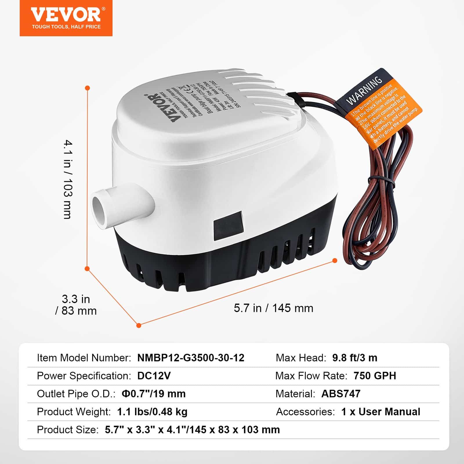 VEVOR 750 GPH 12V Automatic Submersible Bilge Pump with Float Switch, 19 mm Outlet, for Boats, Pools, Basements - Image 7