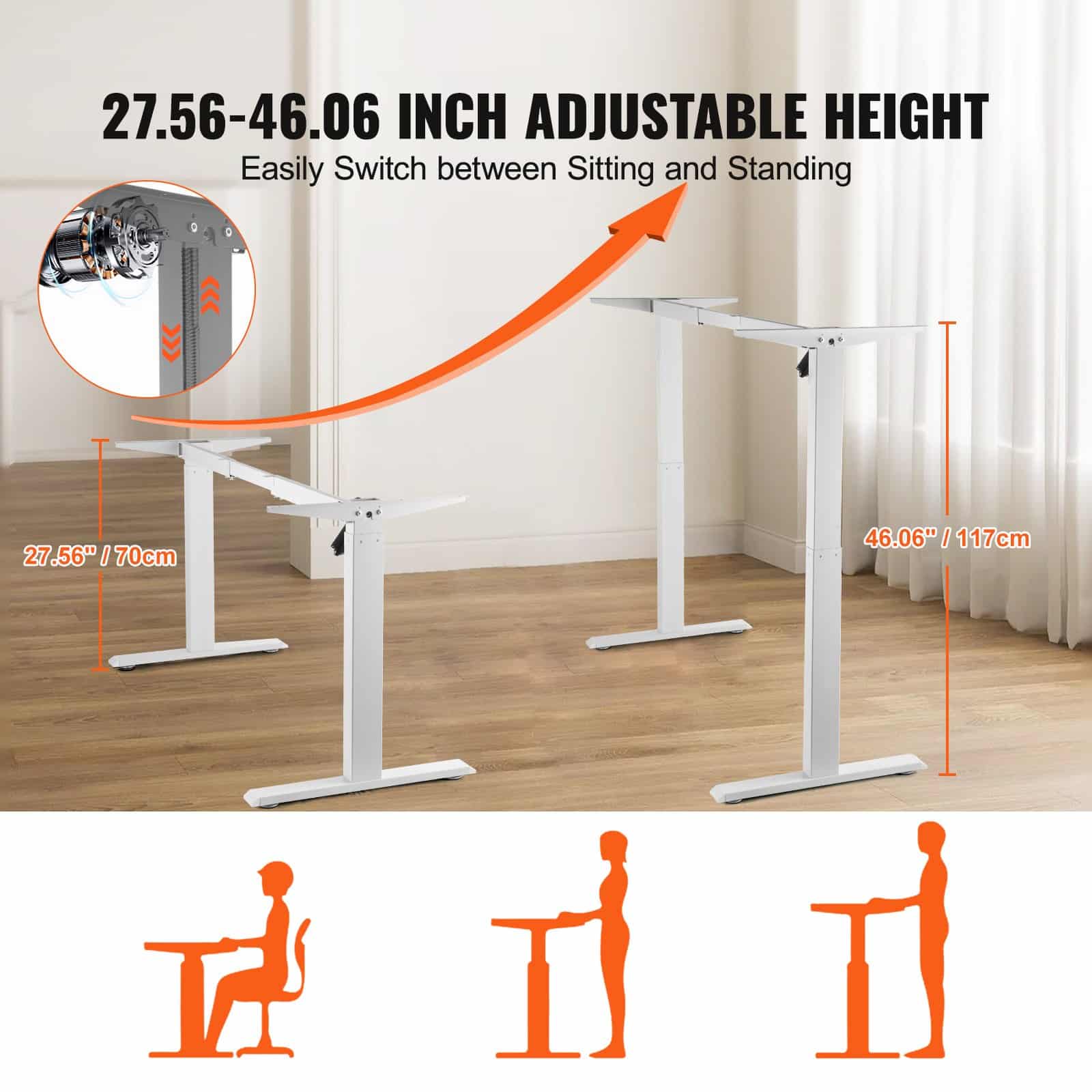 VEVOR Electric Standing Desk Frame, Adjustable 70–117 cm Height & 95–158 cm Length, Ergonomic White Sit-Stand Base for Home/Office - Зображення 4