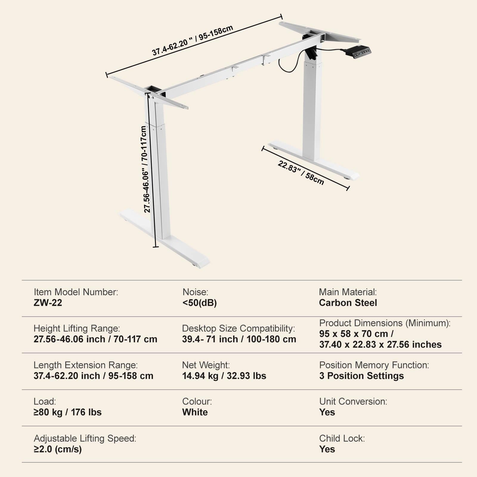 VEVOR Electric Standing Desk Frame, Adjustable 70–117 cm Height & 95–158 cm Length, Ergonomic White Sit-Stand Base for Home/Office - Зображення 7