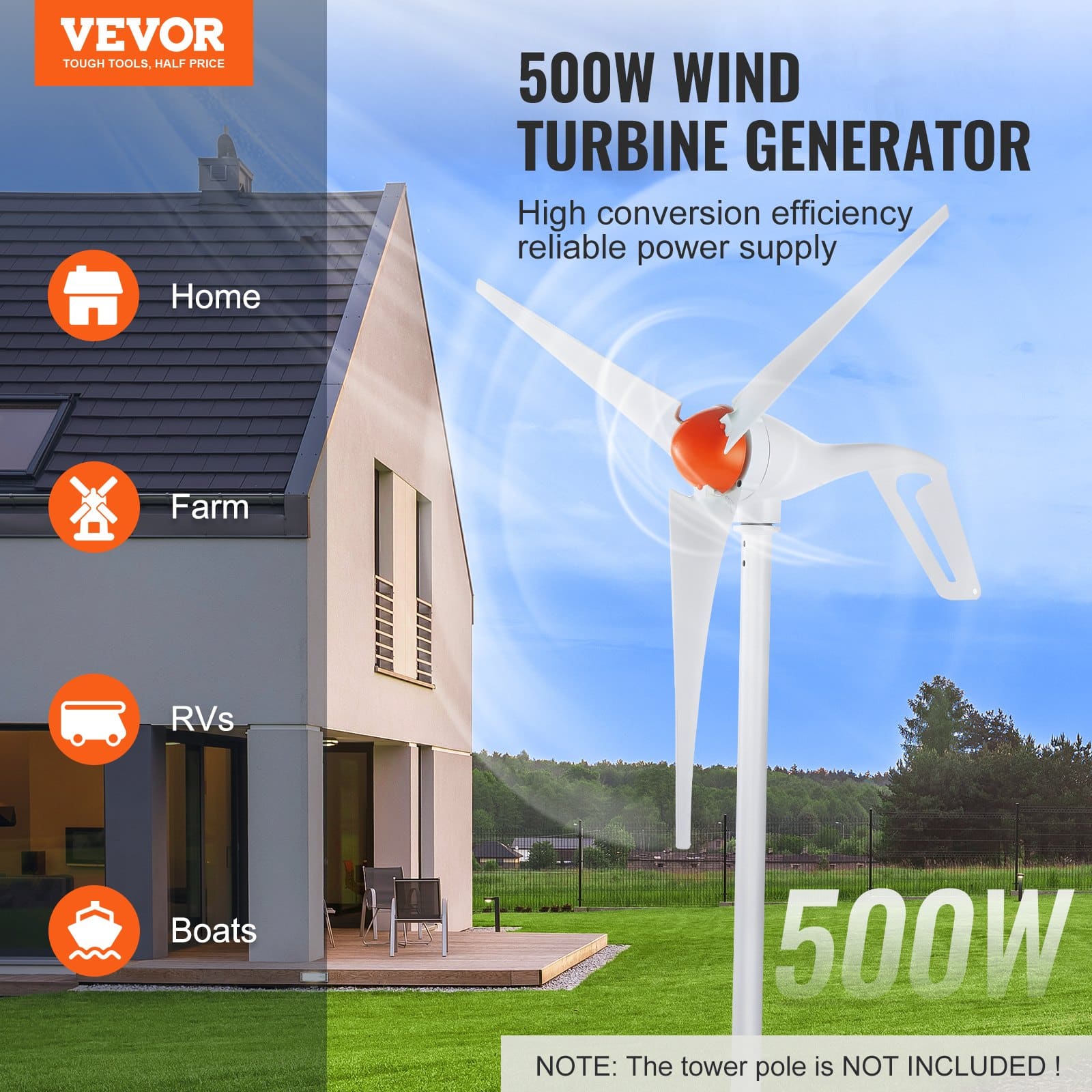 VEVOR 500W 12V Wind Turbine Kit with MPPT Controller, 3-Blade Generator & Anemometer for Home, Farm, RVs, Boats - Image 2