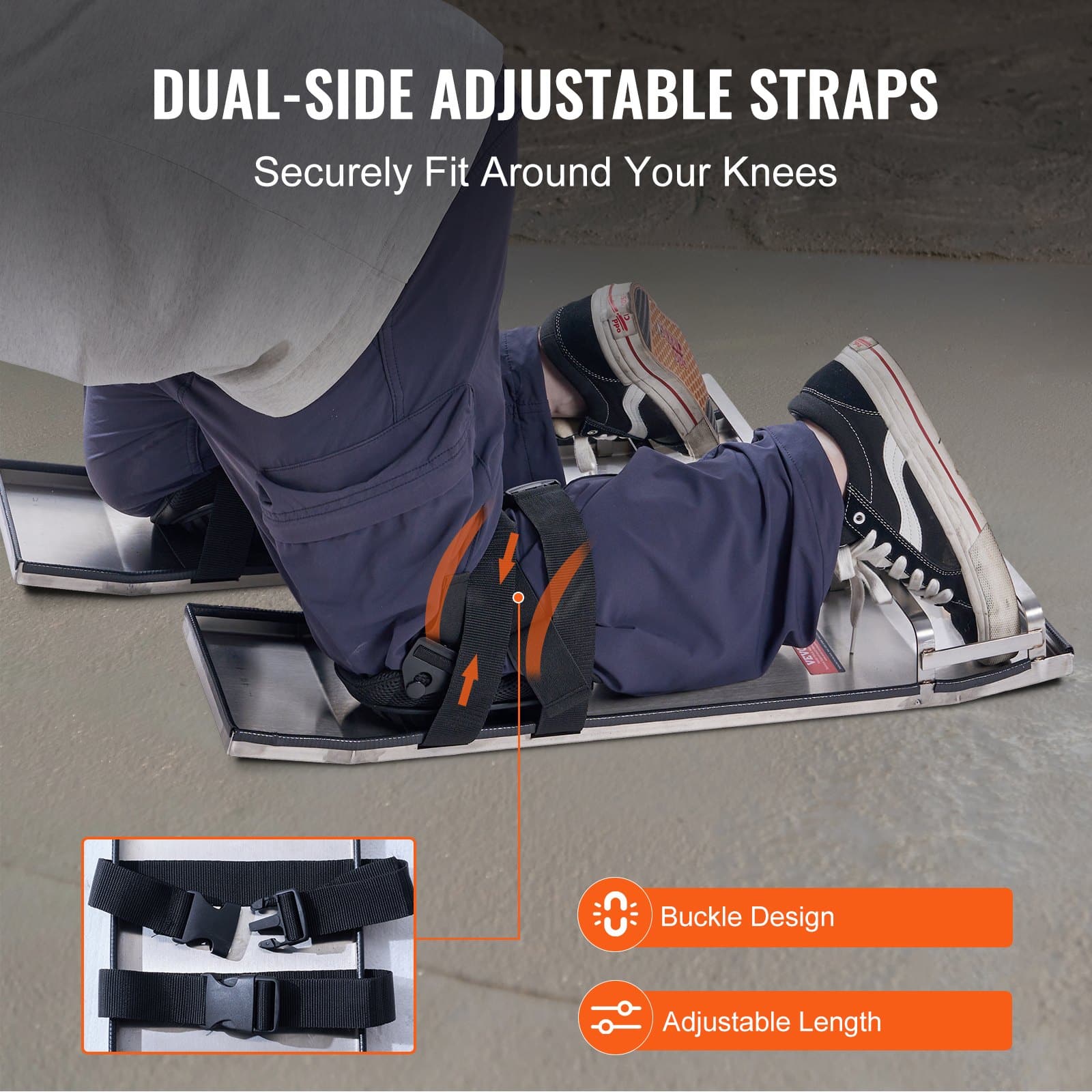 VEVOR Stainless Steel Concrete Knee Boards 71x20 cm with Straps – Sliding Pads for Cement Finishing, Ergonomic Design, Pair - Image 3
