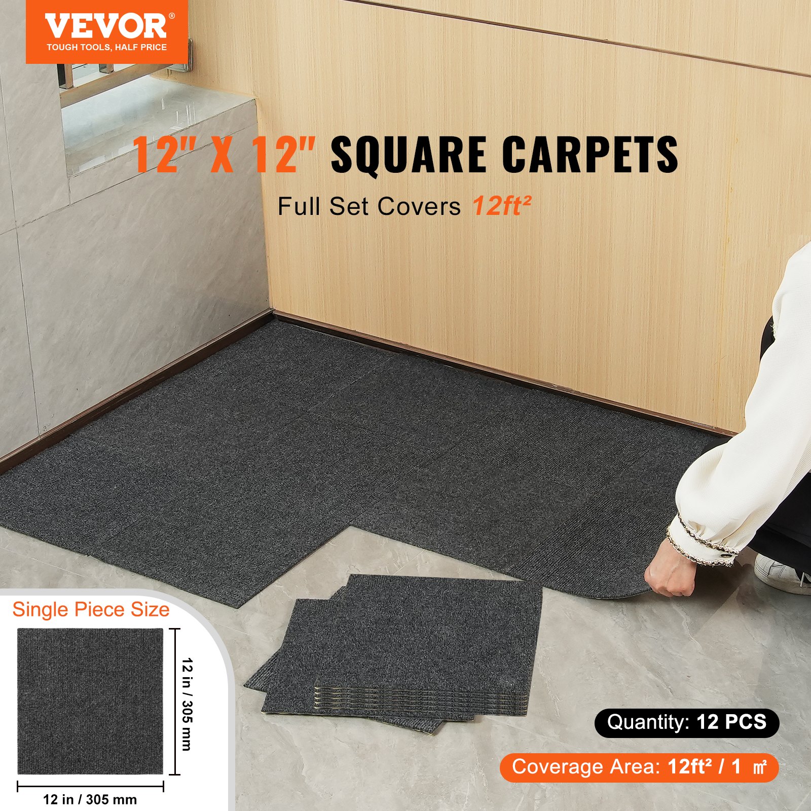 VEVOR Peel & Stick Carpet Tiles 30x30 cm, 12 Pcs, Self-Adhesive Soft Floor Tiles for Indoor/Outdoor Use - Dark Gray — attēls 2