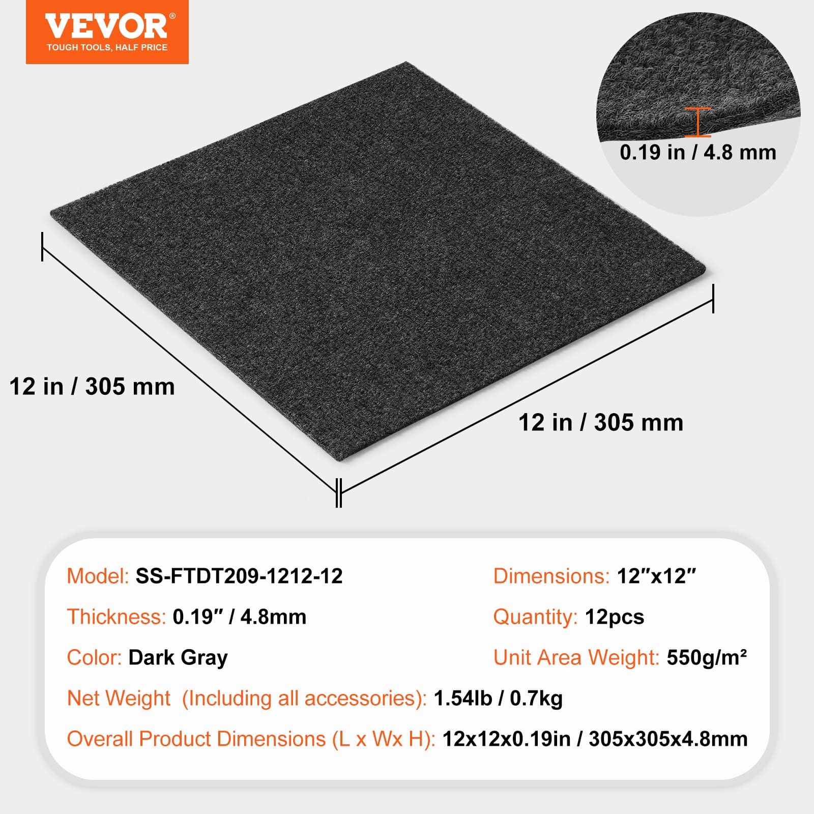 VEVOR Peel & Stick Carpet Tiles 30x30 cm, 12 Pcs, Self-Adhesive Soft Floor Tiles for Indoor/Outdoor Use - Dark Gray — attēls 7
