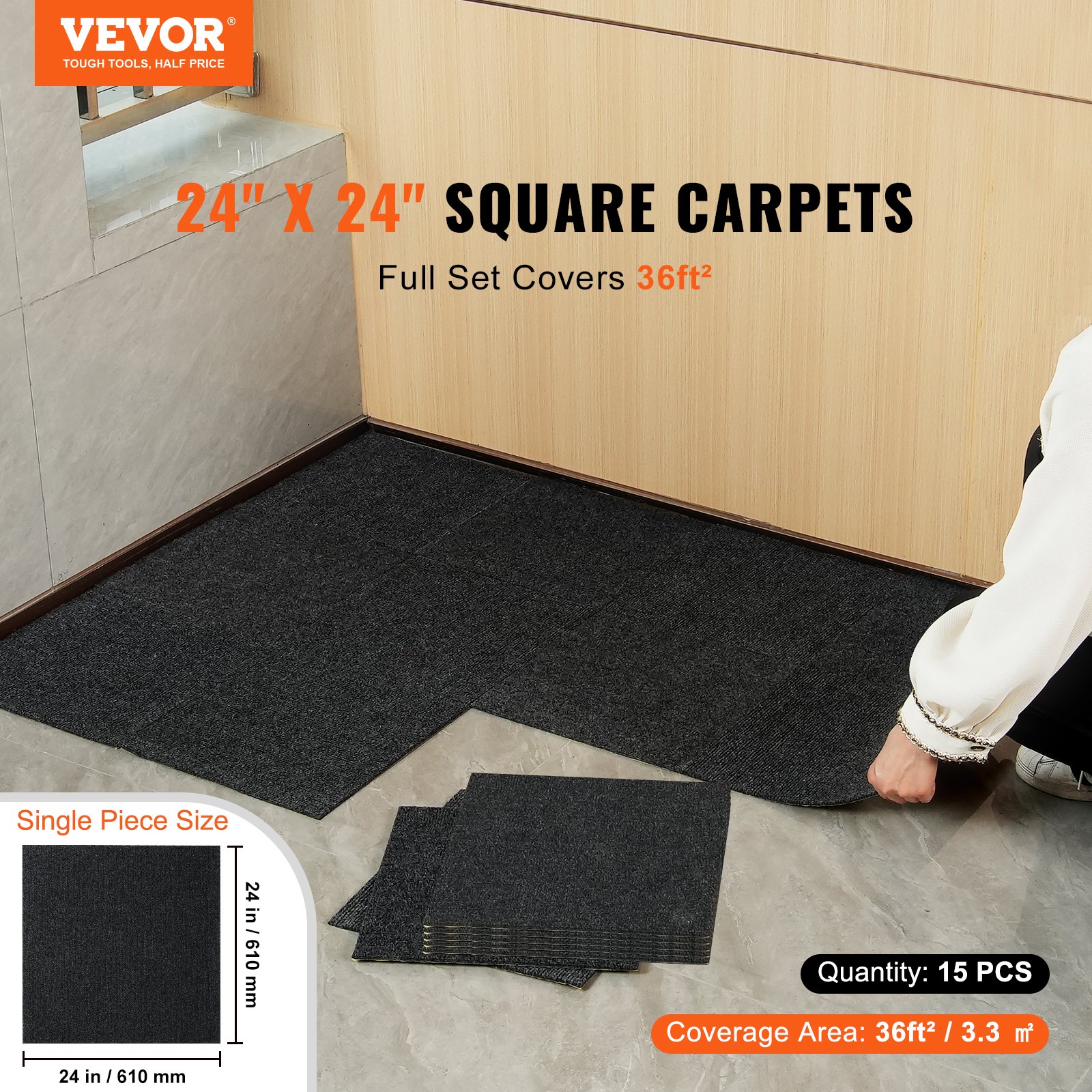 VEVOR Self-Adhesive Carpet Tiles 61x61 cm, Soft Padded Floor Tiles, DIY Install, 15 pcs, Carbon Black — attēls 2