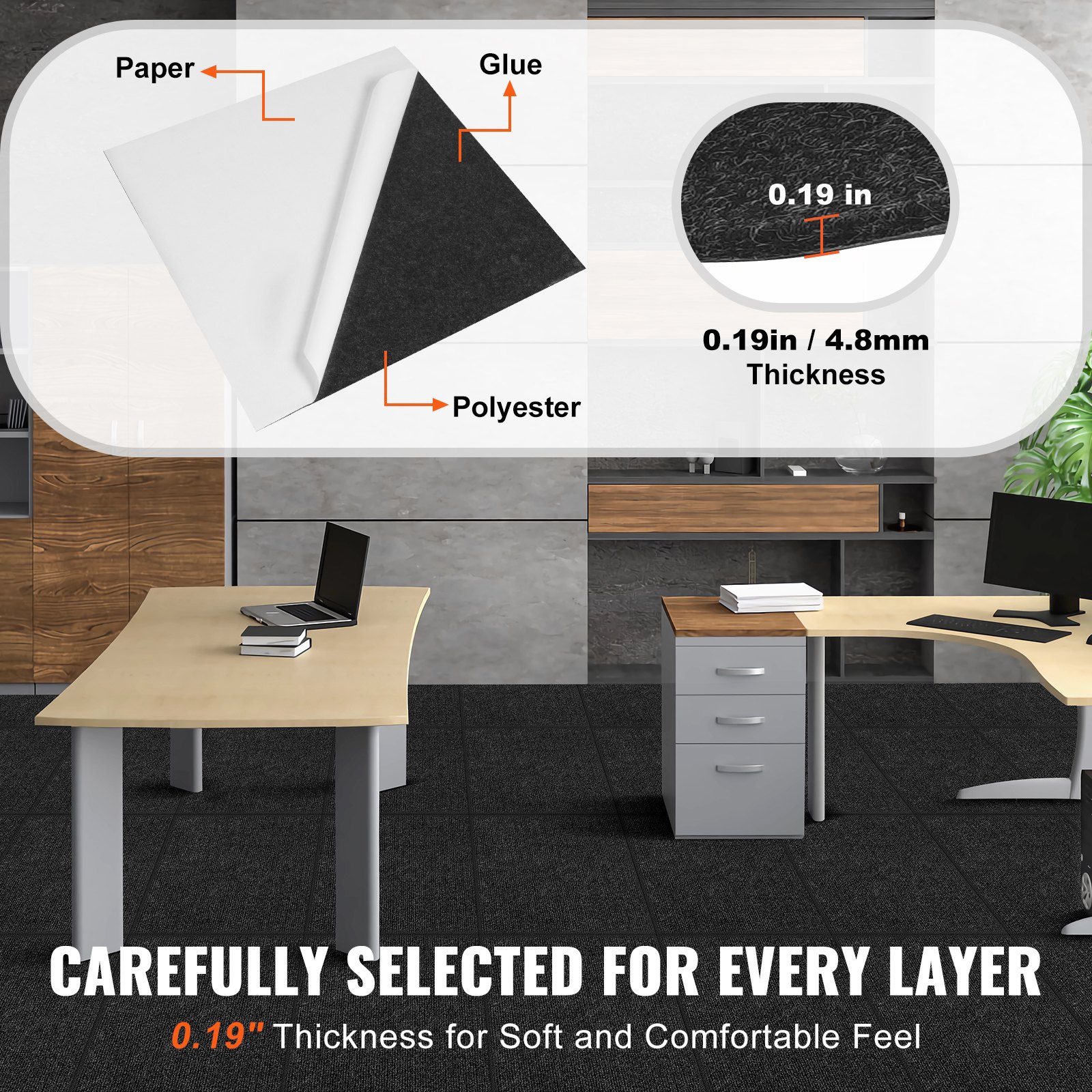 VEVOR Self-Adhesive Carpet Tiles 61x61 cm, Soft Padded Floor Tiles, DIY Install, 15 pcs, Carbon Black — attēls 3