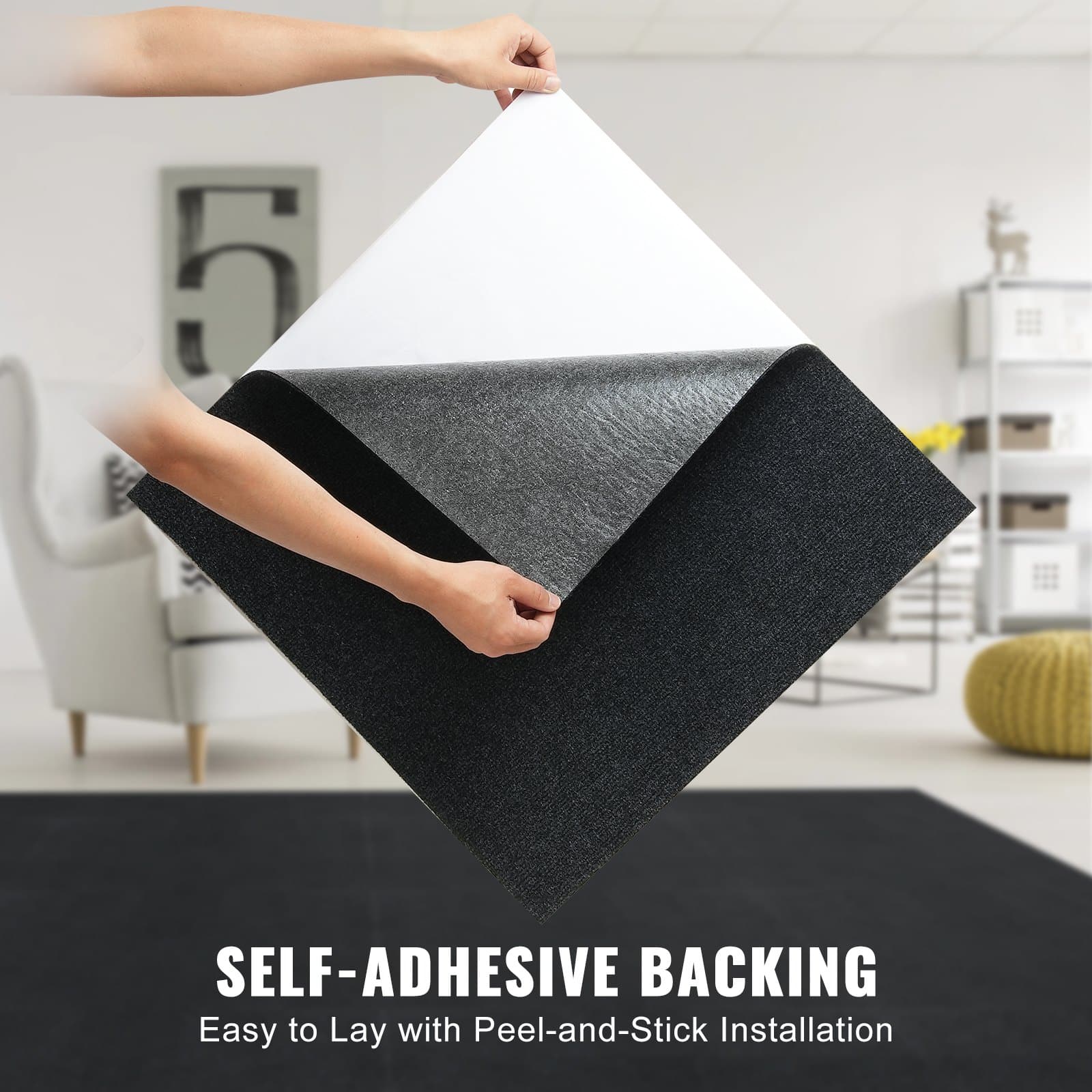 VEVOR Self-Adhesive Carpet Tiles 61x61 cm, Soft Padded Floor Tiles, DIY Install, 15 pcs, Carbon Black — attēls 4