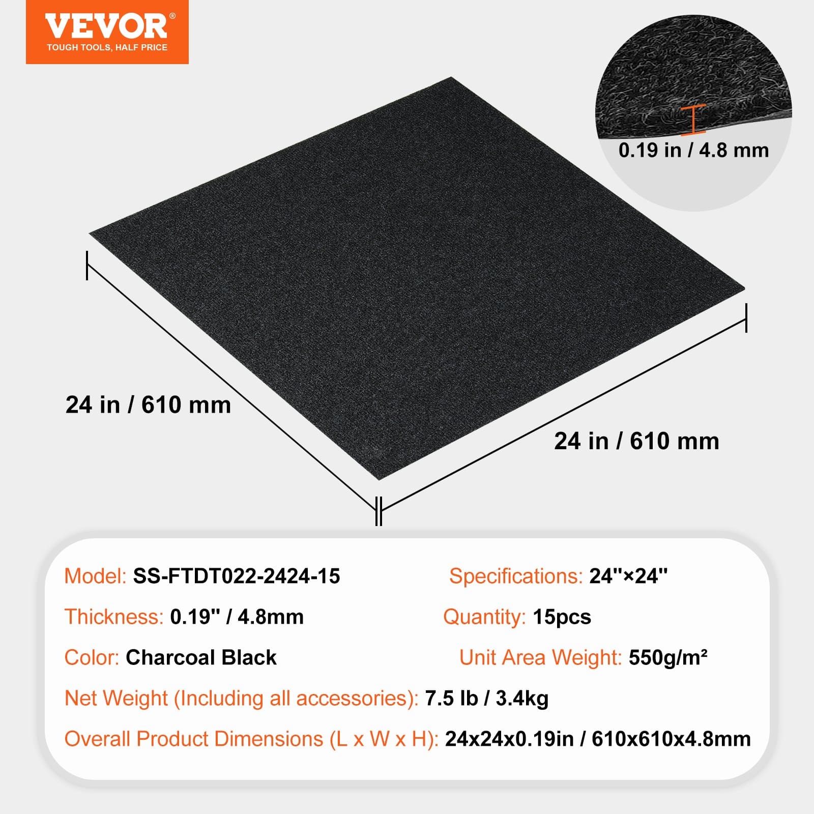VEVOR Self-Adhesive Carpet Tiles 61x61 cm, Soft Padded Floor Tiles, DIY Install, 15 pcs, Carbon Black — attēls 7