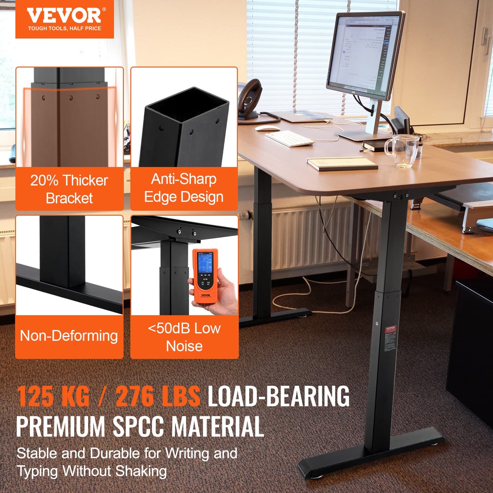 VEVOR Electric Standing Desk Frame, Dual Motor, Adjustable Height 70–117 cm, Black, Fits 120–210 cm Desktop, 125 kg Load — изображение 2