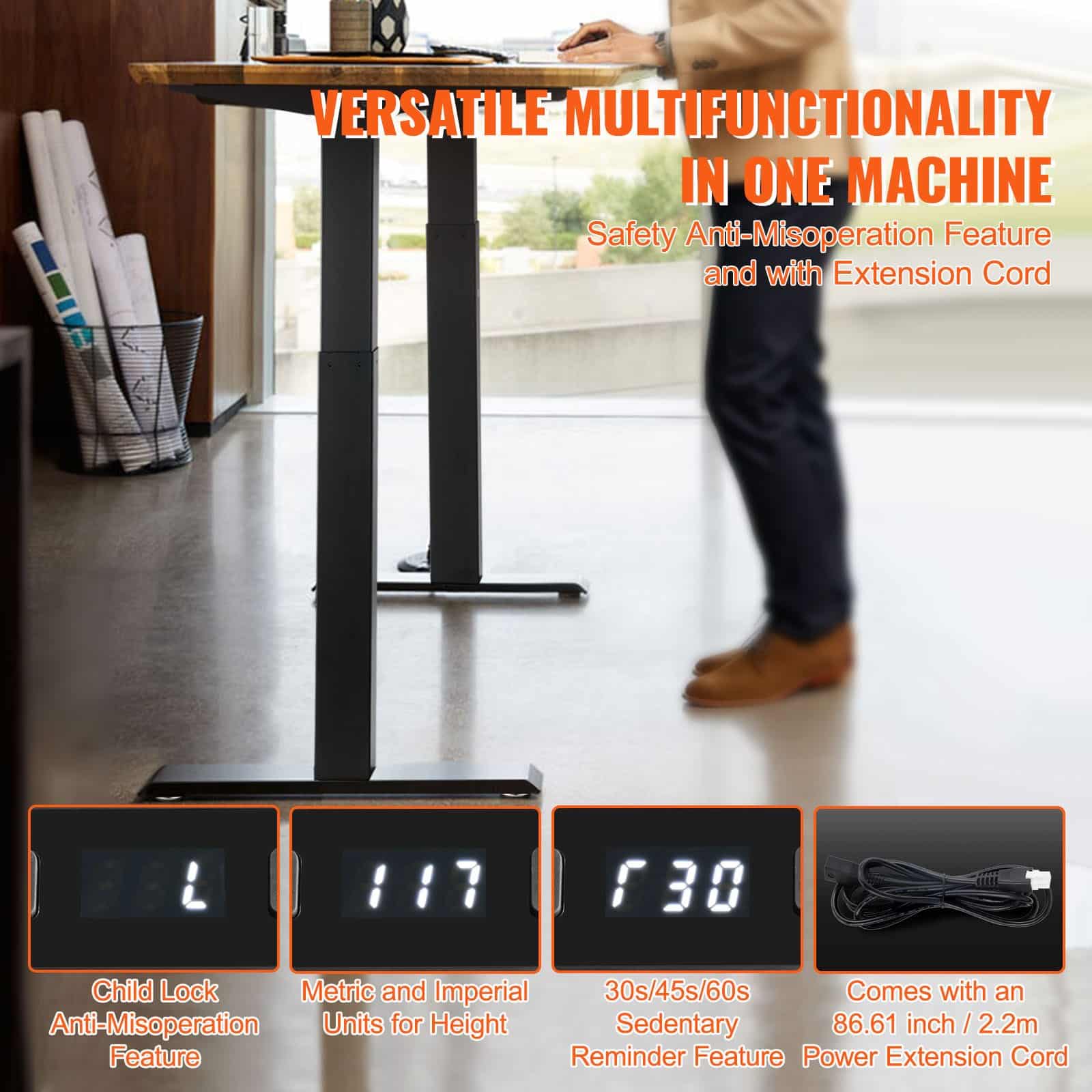 VEVOR Electric Standing Desk Frame, Dual Motor, Adjustable Height 70–117 cm, Black, Fits 120–210 cm Desktop, 125 kg Load — изображение 6