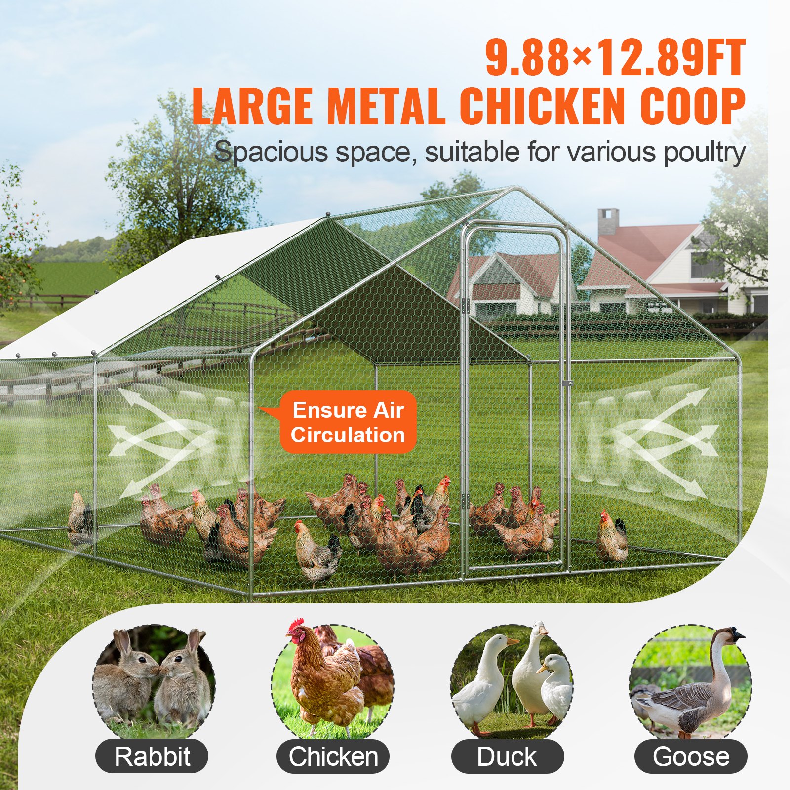 VEVOR Large Metal Chicken Coop 3x3.93x1.99m Outdoor Walk-in Poultry Run with Roof Cover & Lock for Chickens, Ducks, Rabbits - Image 4