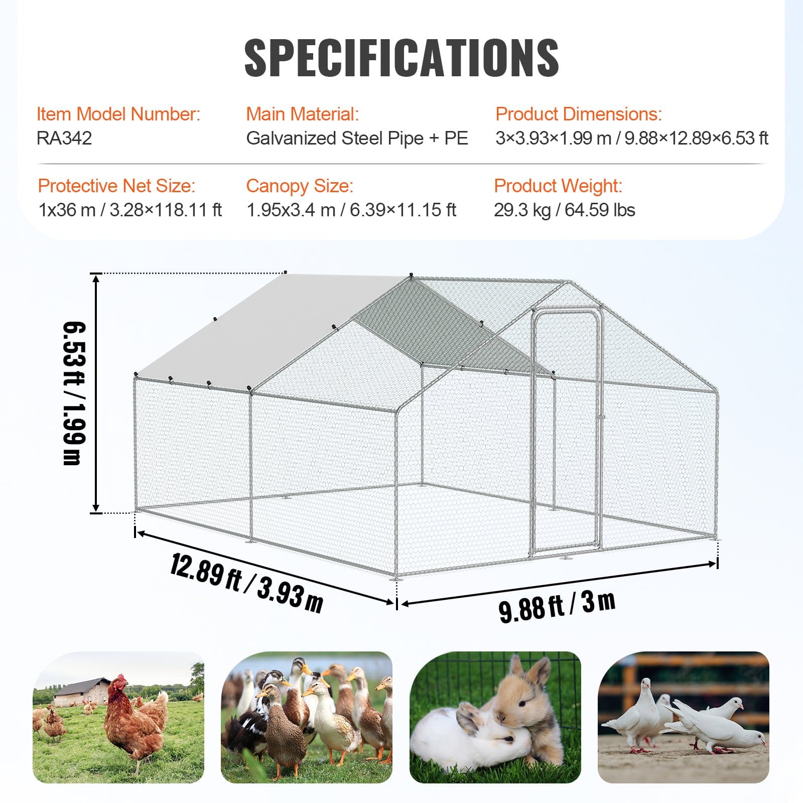 VEVOR Large Metal Chicken Coop 3x3.93x1.99m Outdoor Walk-in Poultry Run with Roof Cover & Lock for Chickens, Ducks, Rabbits - Image 7