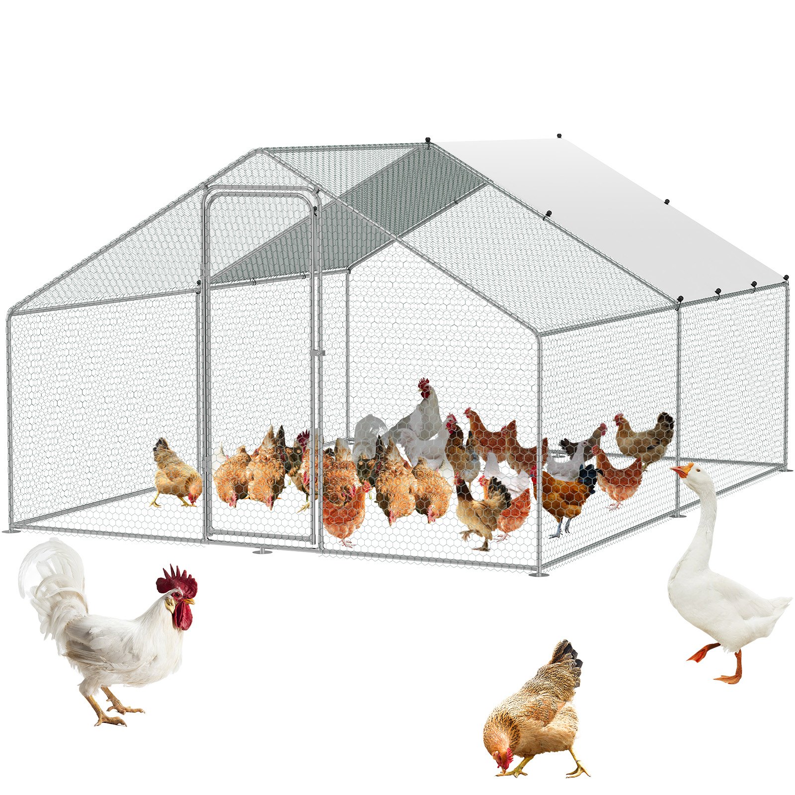 VEVOR Large Metal Chicken Coop 3x3,93x1,99 m õues jalutav linnujooks katusekatte ja lukuga kanadele, partidele, küülikutele