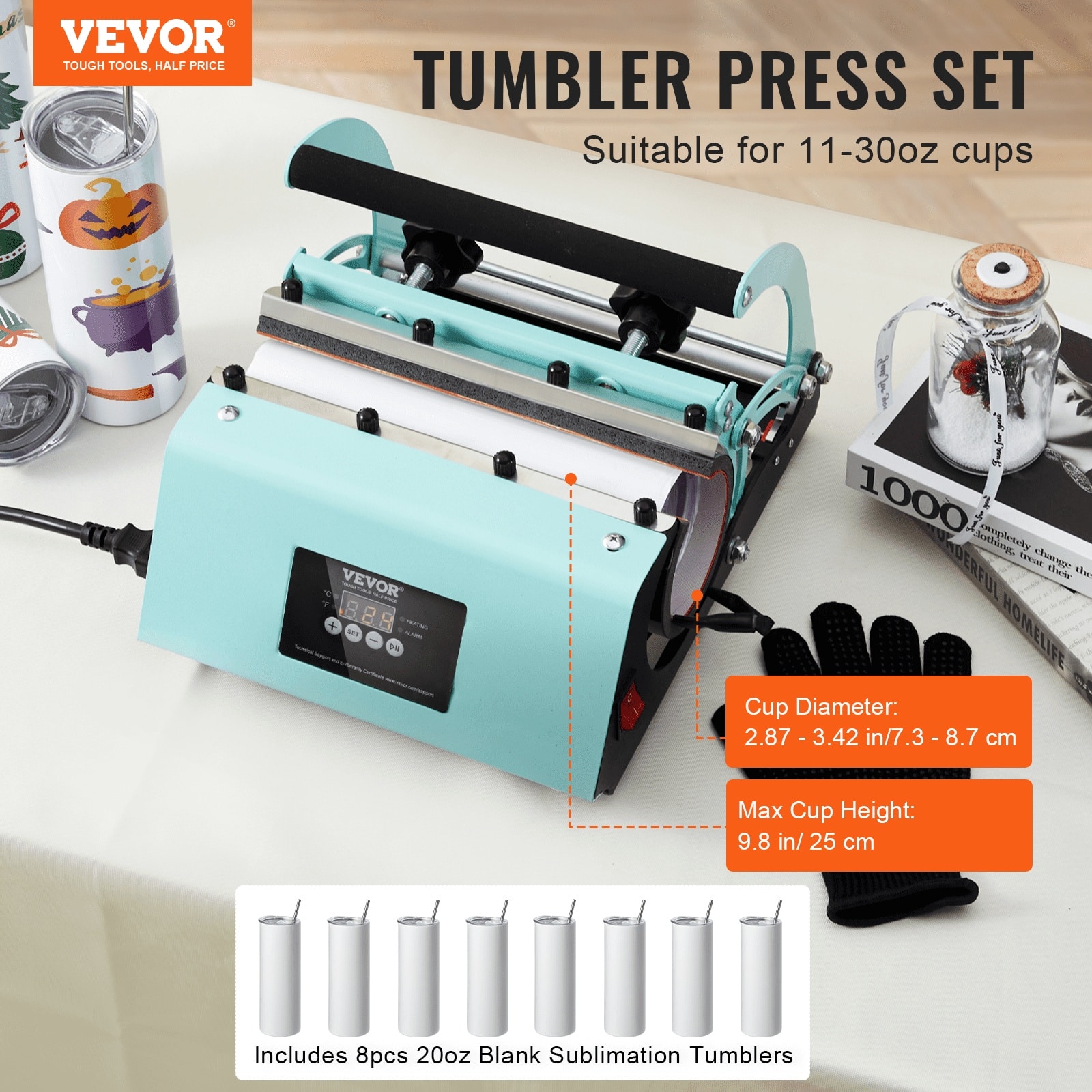 VEVOR Tumbler Heat Press Set with 8x 600ml Sublimation Tumblers, Mug Press for 330–900ml Cups, Heat Paper, Gloves, Tape — attēls 2