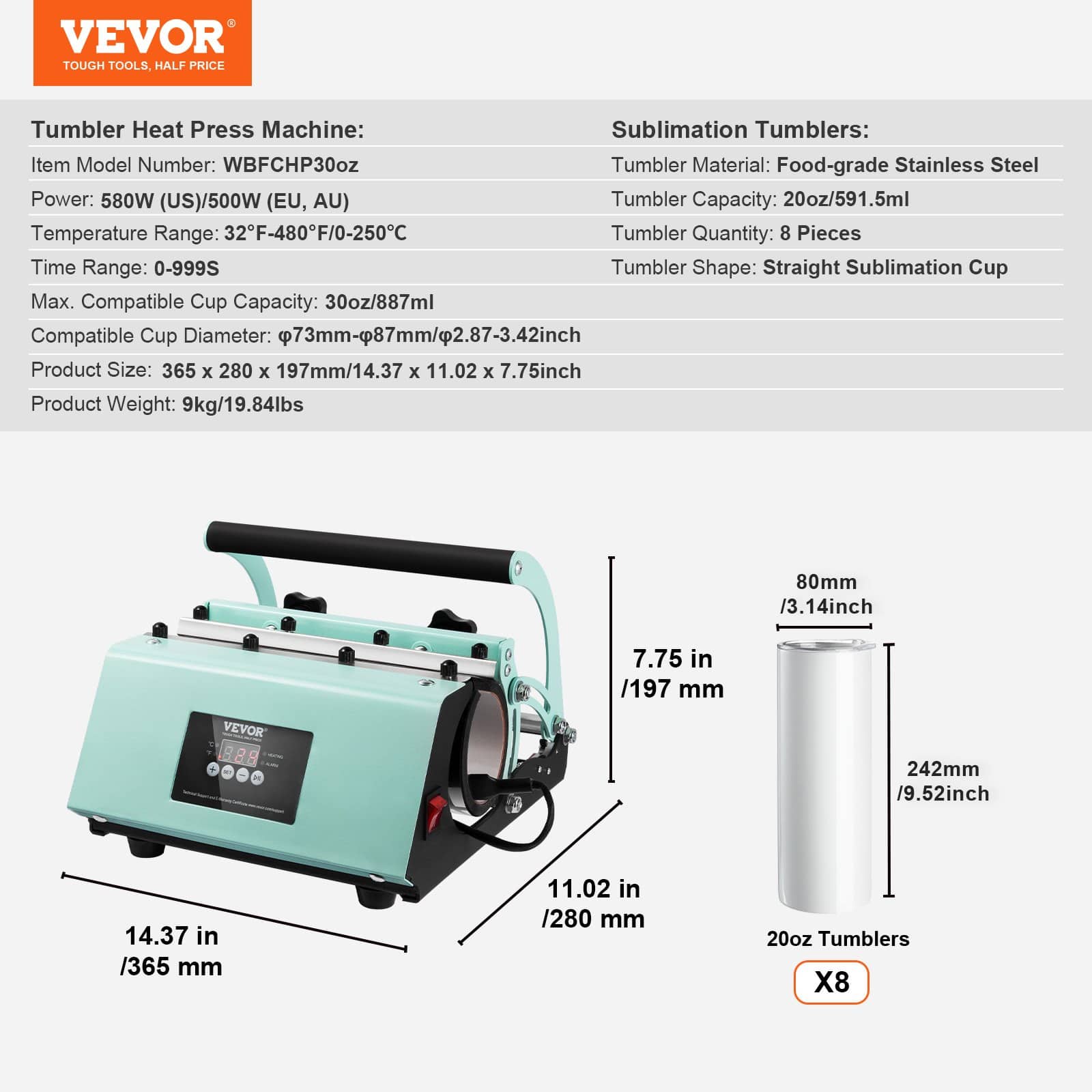 VEVOR Tumbler Heat Press Set with 8x 600ml Sublimation Tumblers, Mug Press for 330–900ml Cups, Heat Paper, Gloves, Tape — attēls 7