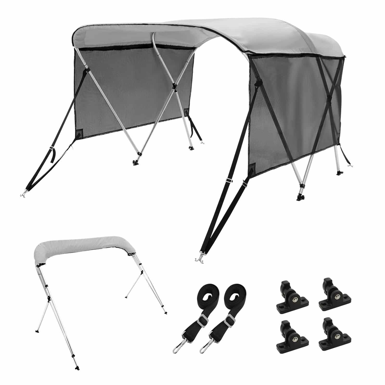 VEVOR 3-Bow Bimini Top Boat Canopy, 600D Polyester, Mesh Sidewalls, 1" Aluminum Frame, 183x117x170-183 cm, Light Grey