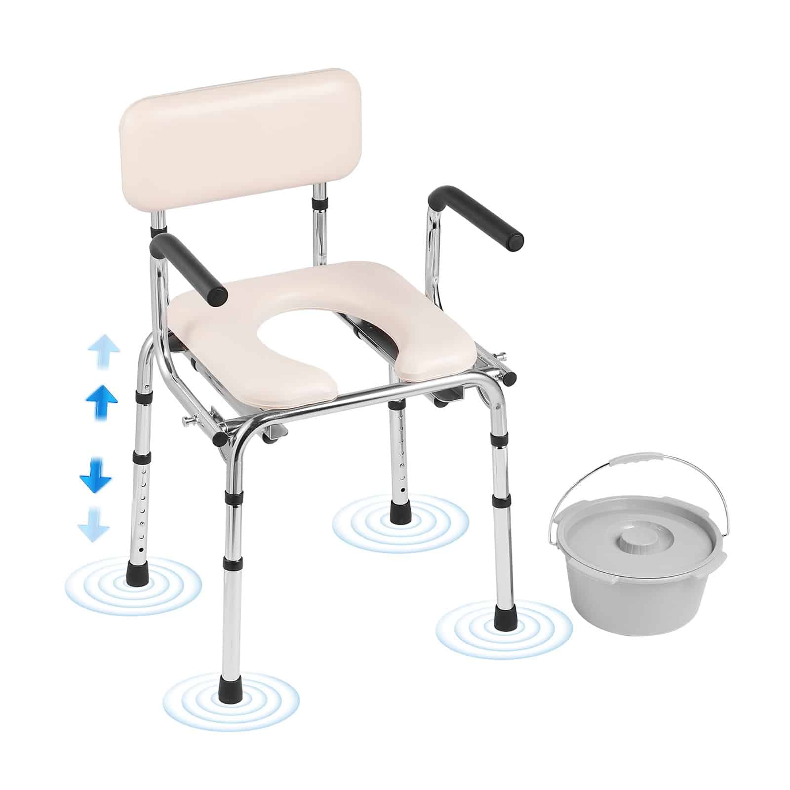 VEVOR Portable Commode Chair with Padded Seat, 7-Height Adjustable, 5.8L Bucket, 160kg Capacity, for Seniors & Adults