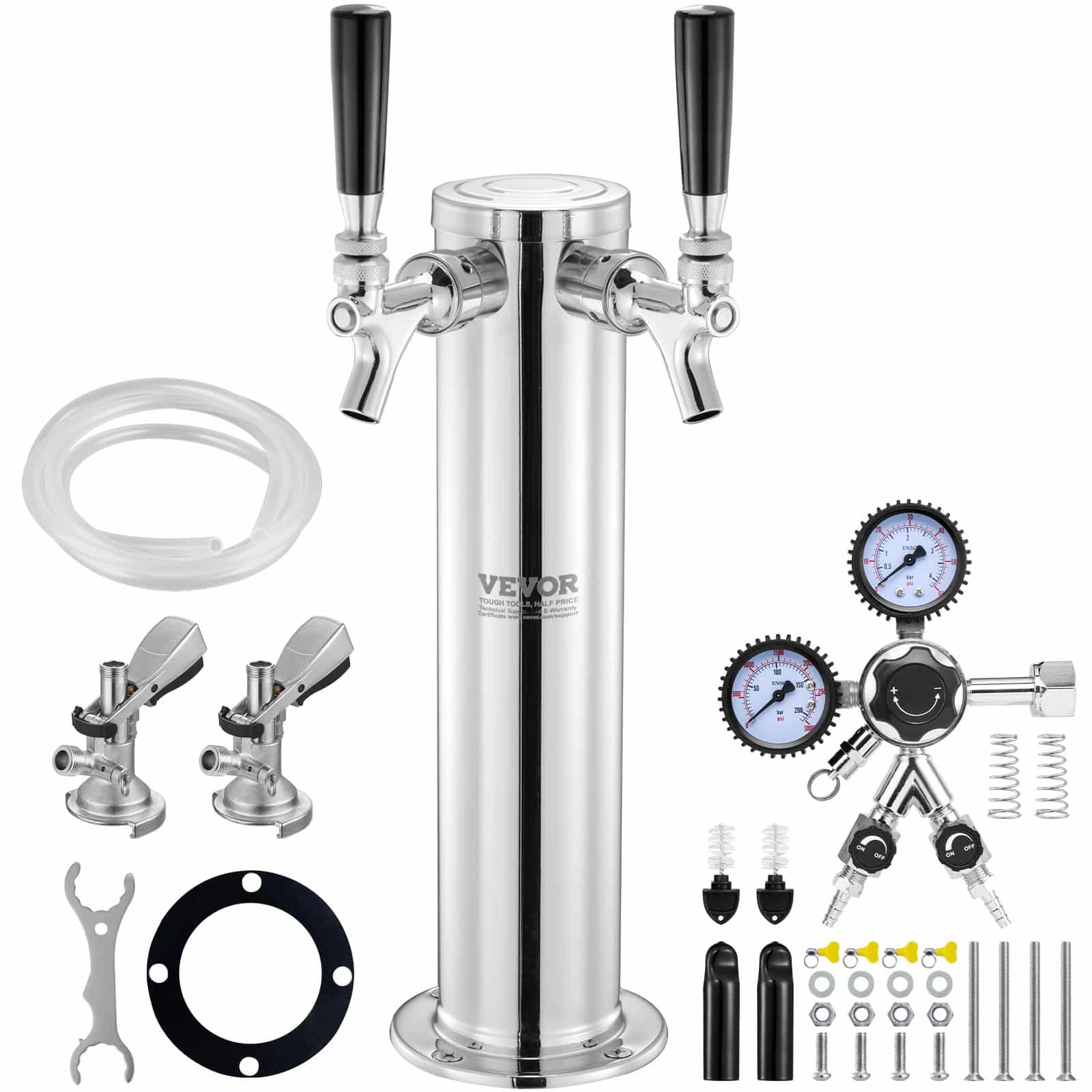 VEVOR Dual Tap Kegerator Tower Kit with W21.8 Regulator, A-System Couplers & Drip Tray, Stainless Steel Beer Dispenser 1.5m