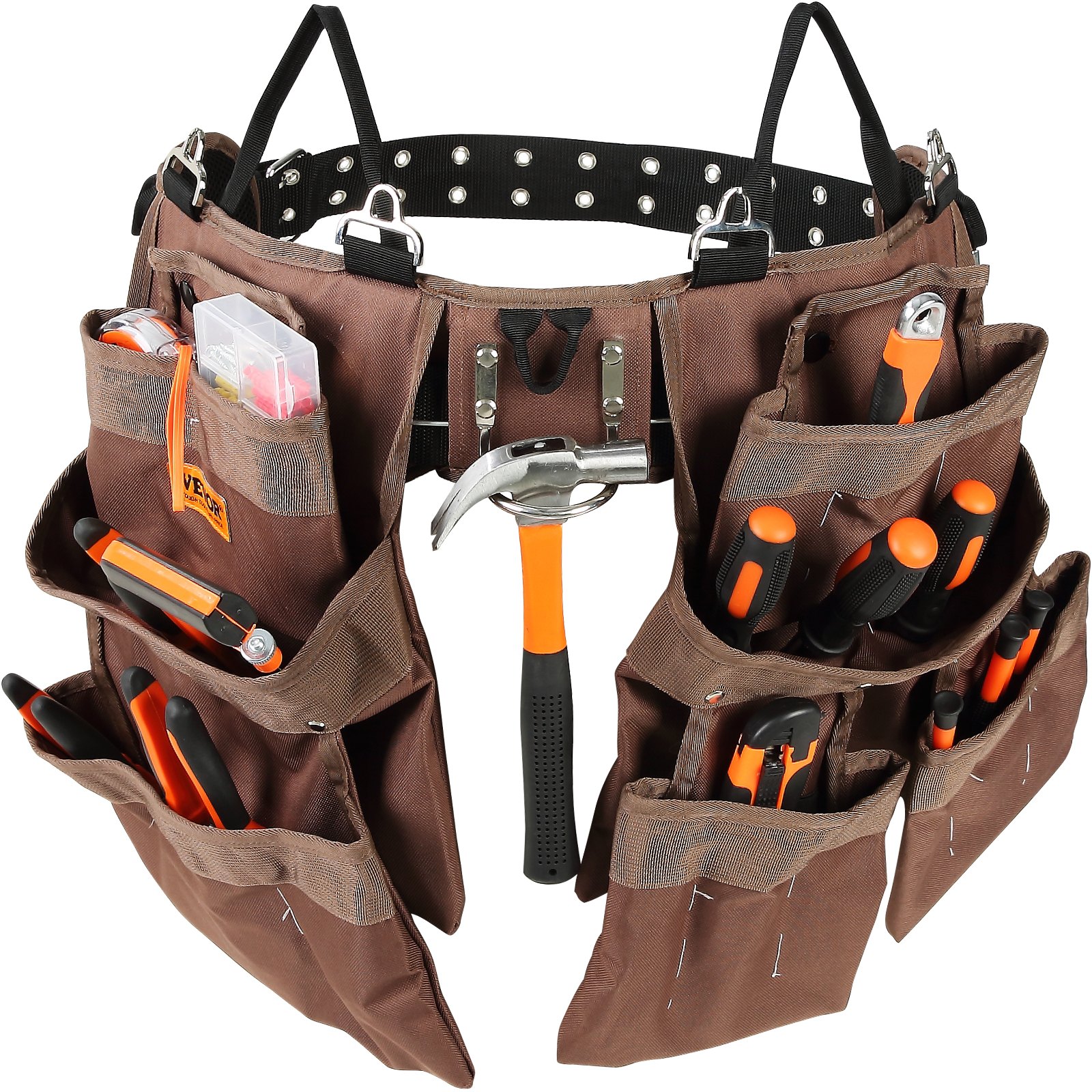 VEVOR Heavy Duty Tool Belt with 19 Pockets, Adjustable 81–137 cm, Polyester, Detachable Pouch for Electrician & Carpenter, Brown