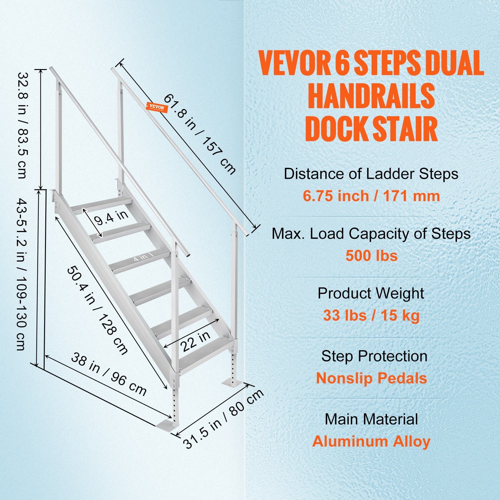 VEVOR Adjustable Aluminum Dock Ladder with 6 Steps, Dual Handrails, 109.2–129.5 cm Height for Boat, Pool, or Dock — изображение 7