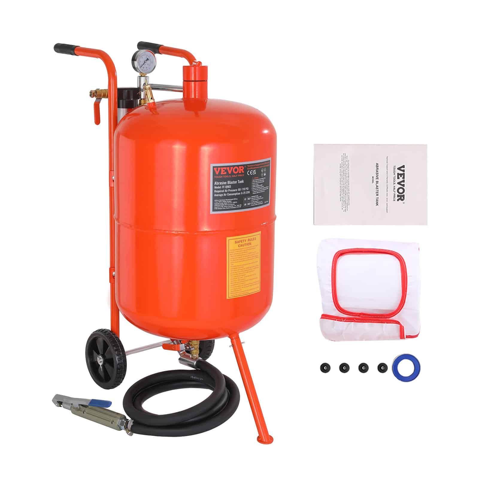VEVOR 75.7L High Pressure Sand Blaster 4 Ceramic Nozzles, 60–110 PSI, Mobile 20 Gal Abrasive Blasting Tank with Hose