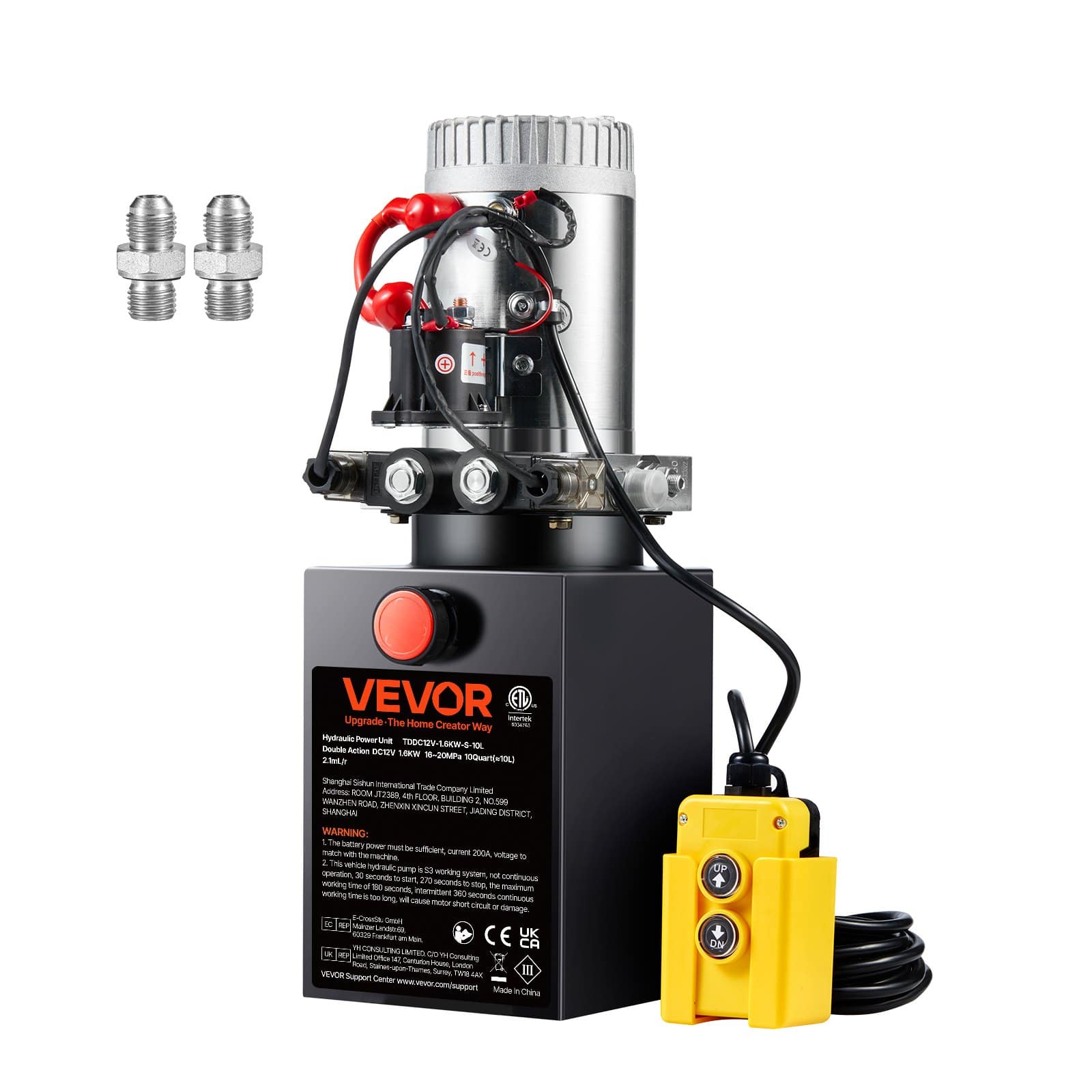VEVOR 12V Double Acting Hydraulic Pump, 10L Tank, 0.91 GPM Flow, 220 Bar Max Pressure, Power Unit for Dump Trailer & Lifting