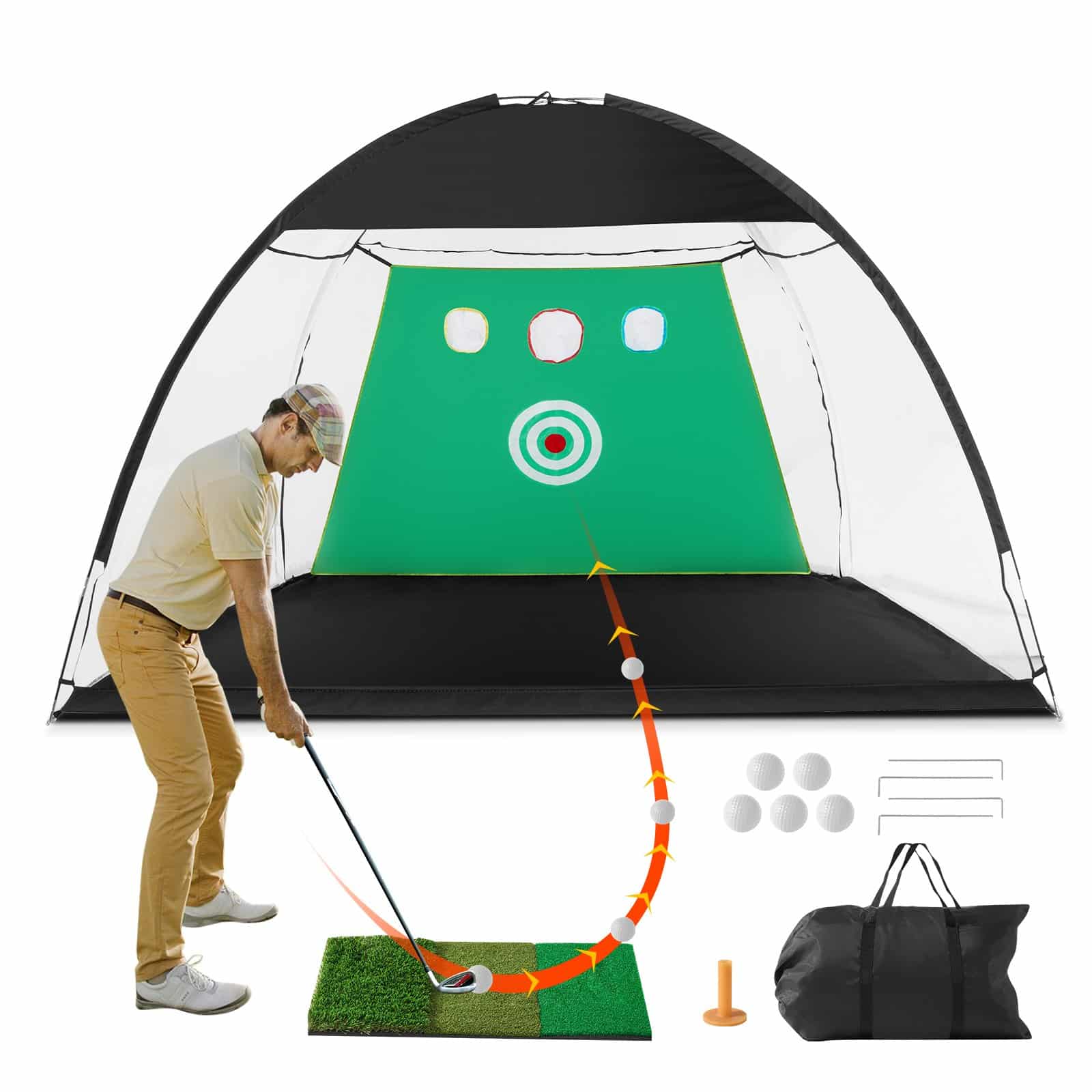VEVOR 3x2.1m Golf Practice Net Set with Targets, Turf Mat, Balls, Tees & Bag – Indoor/Outdoor Swing & Chipping Trainer