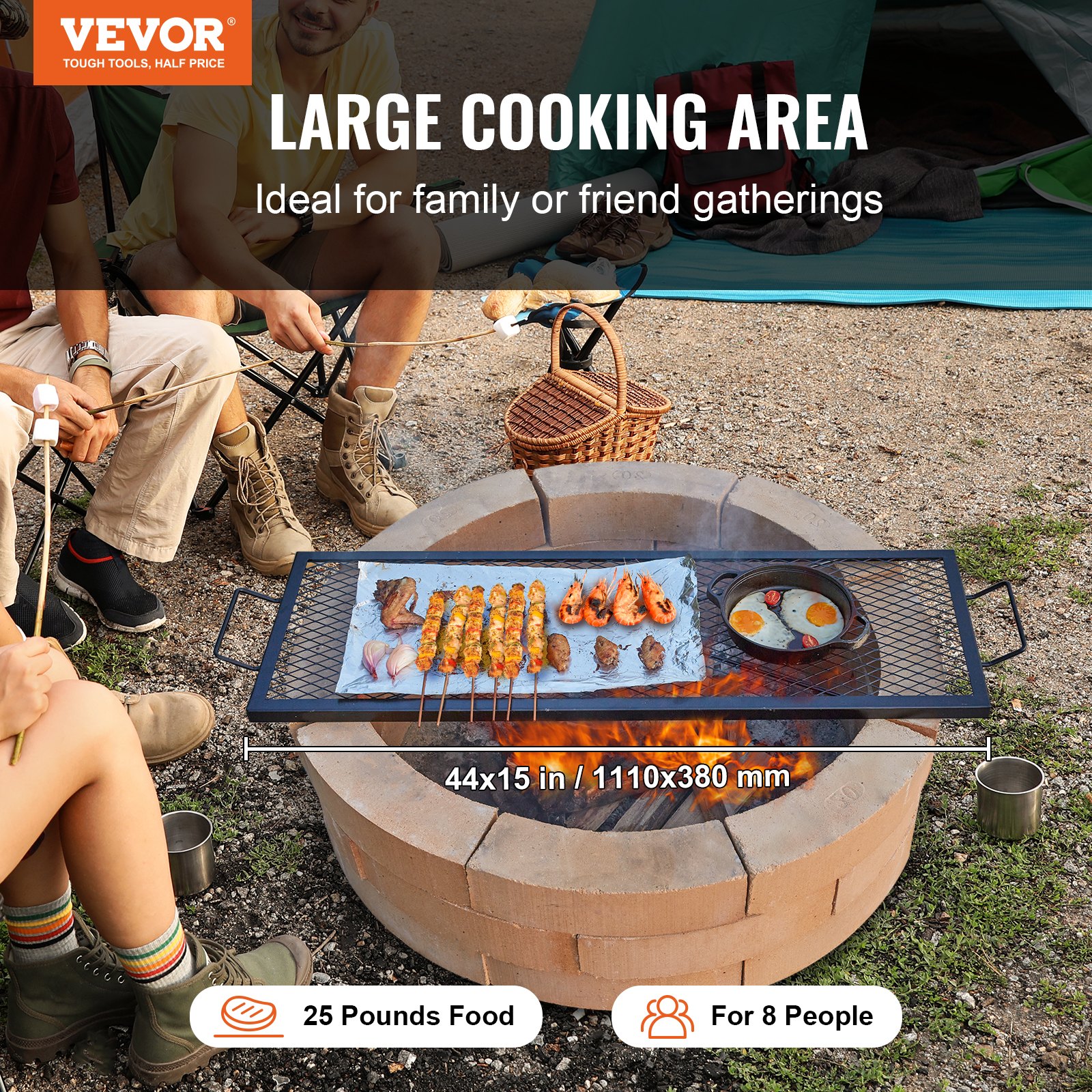 VEVOR 112x38 cm Fire Pit Grill Grate – Heavy-Duty Steel BBQ Grid with Handle, Portable Outdoor Cooking Rack for Camping - Зображення 2