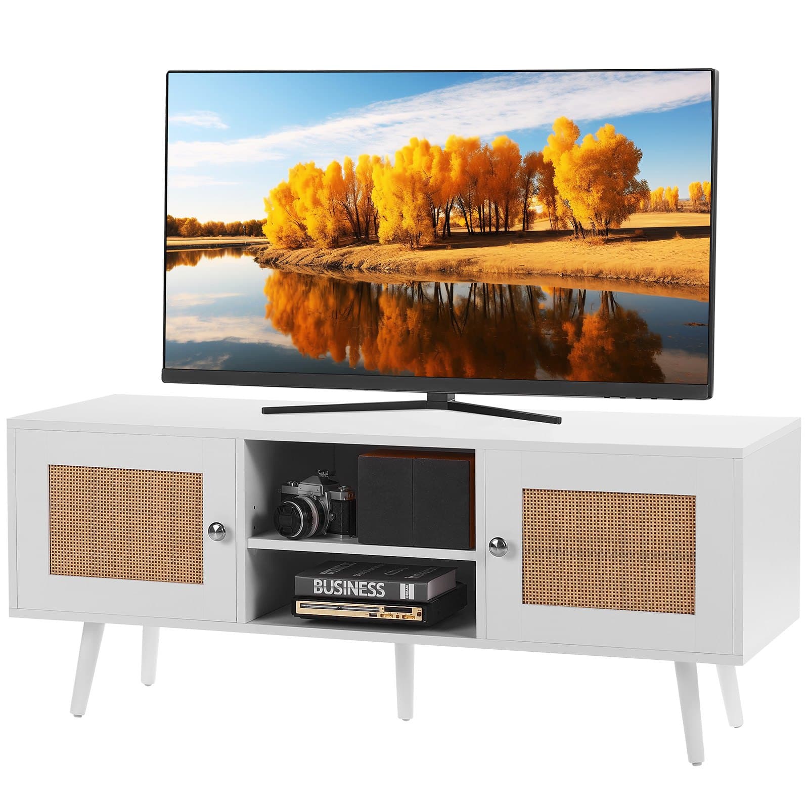 VEVOR boho stiilis rotangist TV-alus kuni 140 cm telerile, reguleeritavate riiulitega, valge